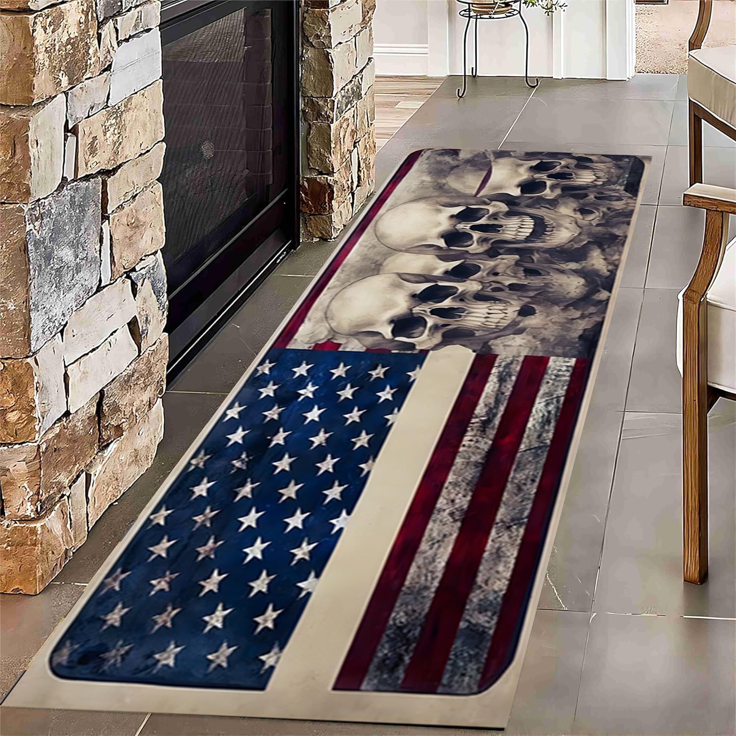 Halloween Skull Runner Rug,1.3x7ft, Skull Entryway Carpet, Gothic Non-Slip Hallway Area Rugs, Soft Halloween Decor American Flag Rug,for Kitchen Corridor Entrance Laundry Room Area。