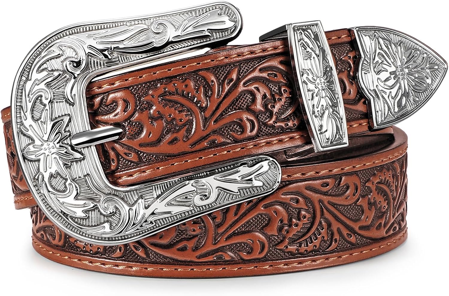 Kids Western Belt, 1.1'' Width Girls Boys Cowboy Leather Belt with Vintage Buckle & Floral Curved - for Jeans Dresses