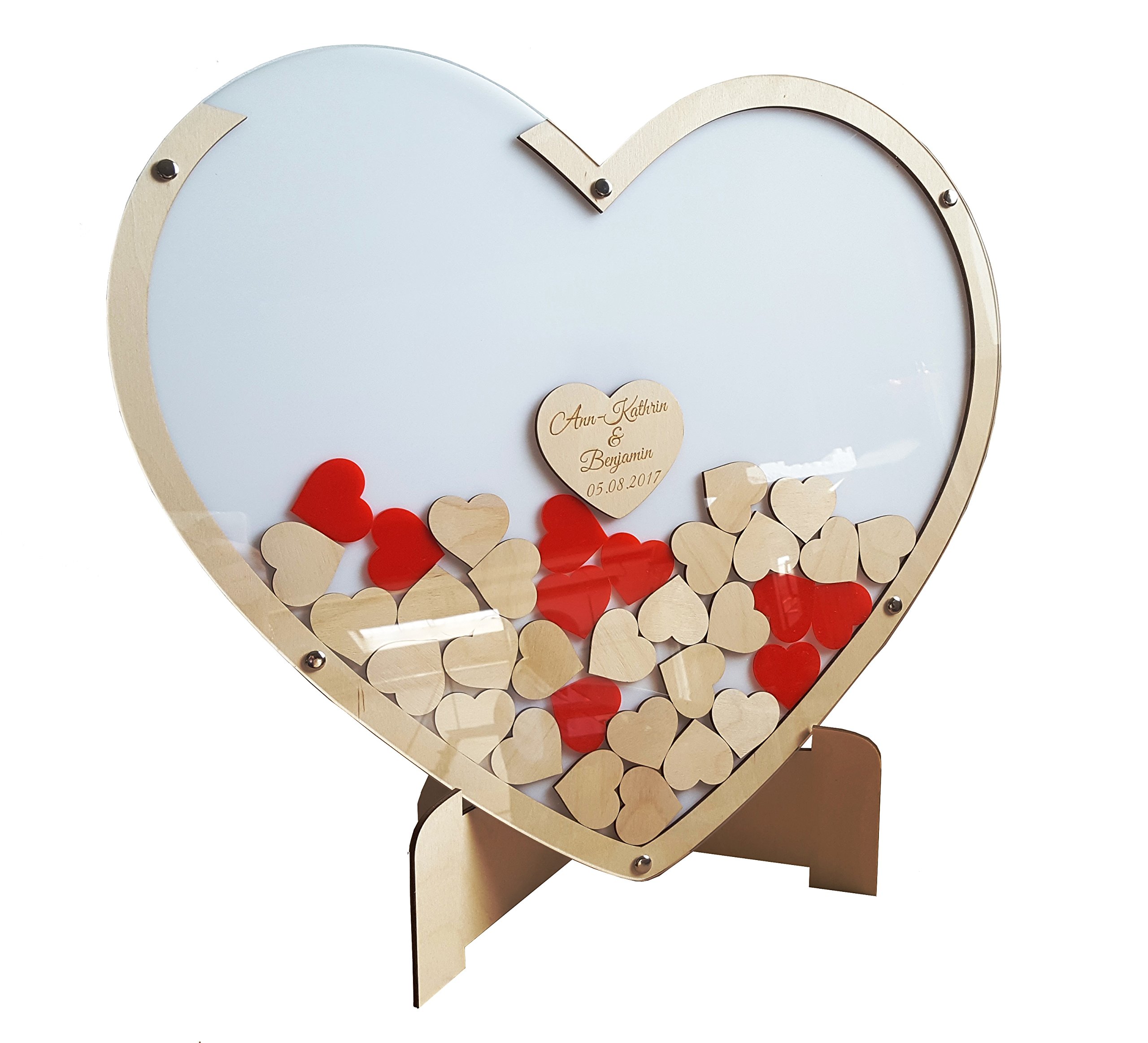 Manschin-Laserdesign Gästebuch aus Holz und Acrylglas zur Hochzeit, personalisiert, Wunschgravur, Wunschfarbe inkl. Herzen (Hintergrundfarbe Weiß, XXL (53x60cm (ca. 140 Herzen)))
