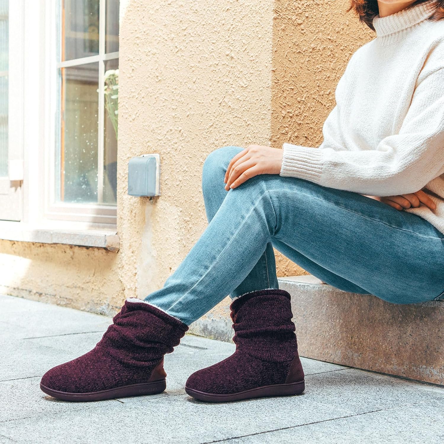 LongBay Women's Cozy Winter Slipper Boots Warm Chenille Knit Bootie Memory Foam Non-Slip Indoor Outdoor House Shoes - Image 2