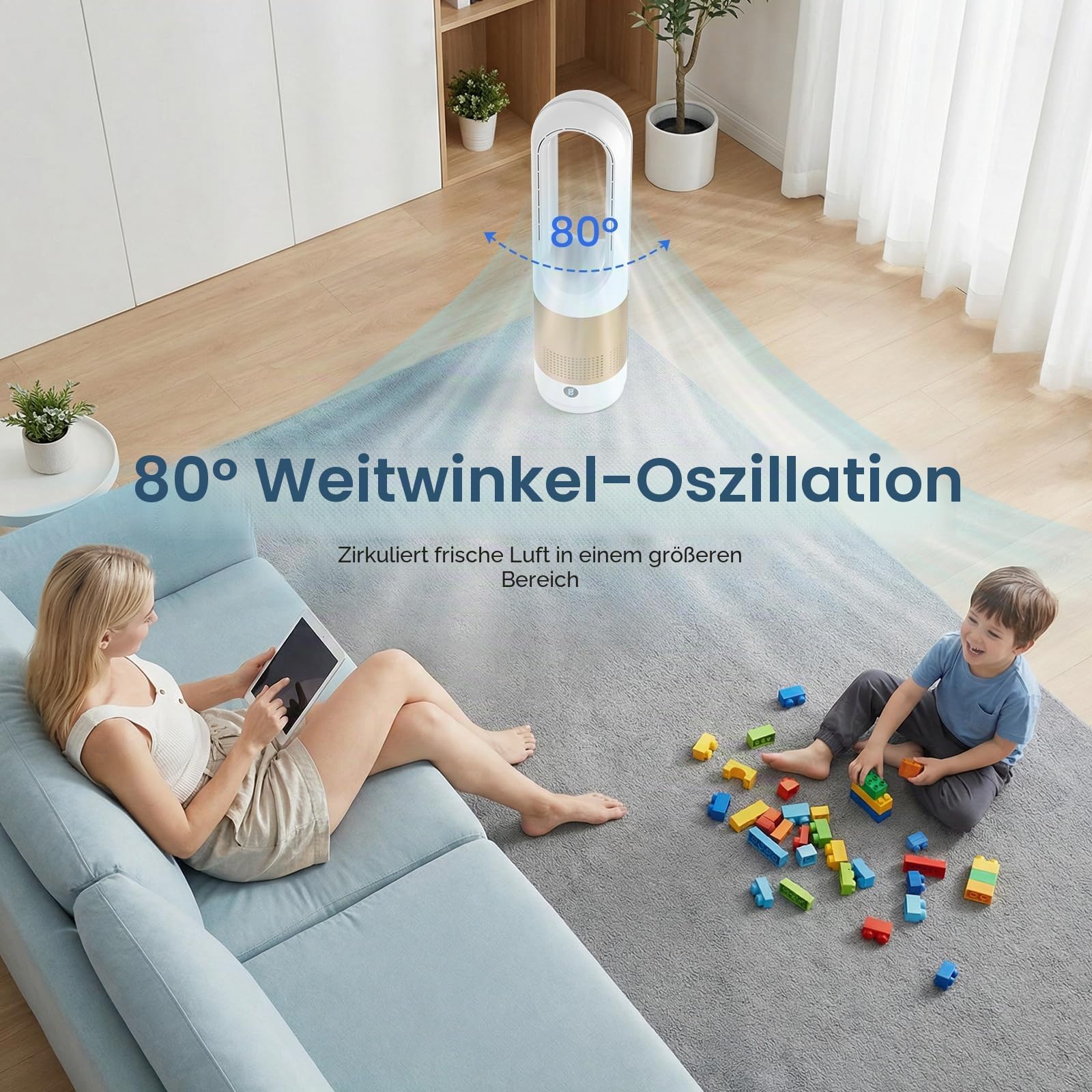 IERAKOR Rotorloser Turmventilator 56cm, Ventilator Leise (Gold) | 8 Geschwindigkeiten, 80° Oszillation, 8H Timer, mit Fernbedienung, sicheres Design für Kinder, für Schlafzimmer und Büro