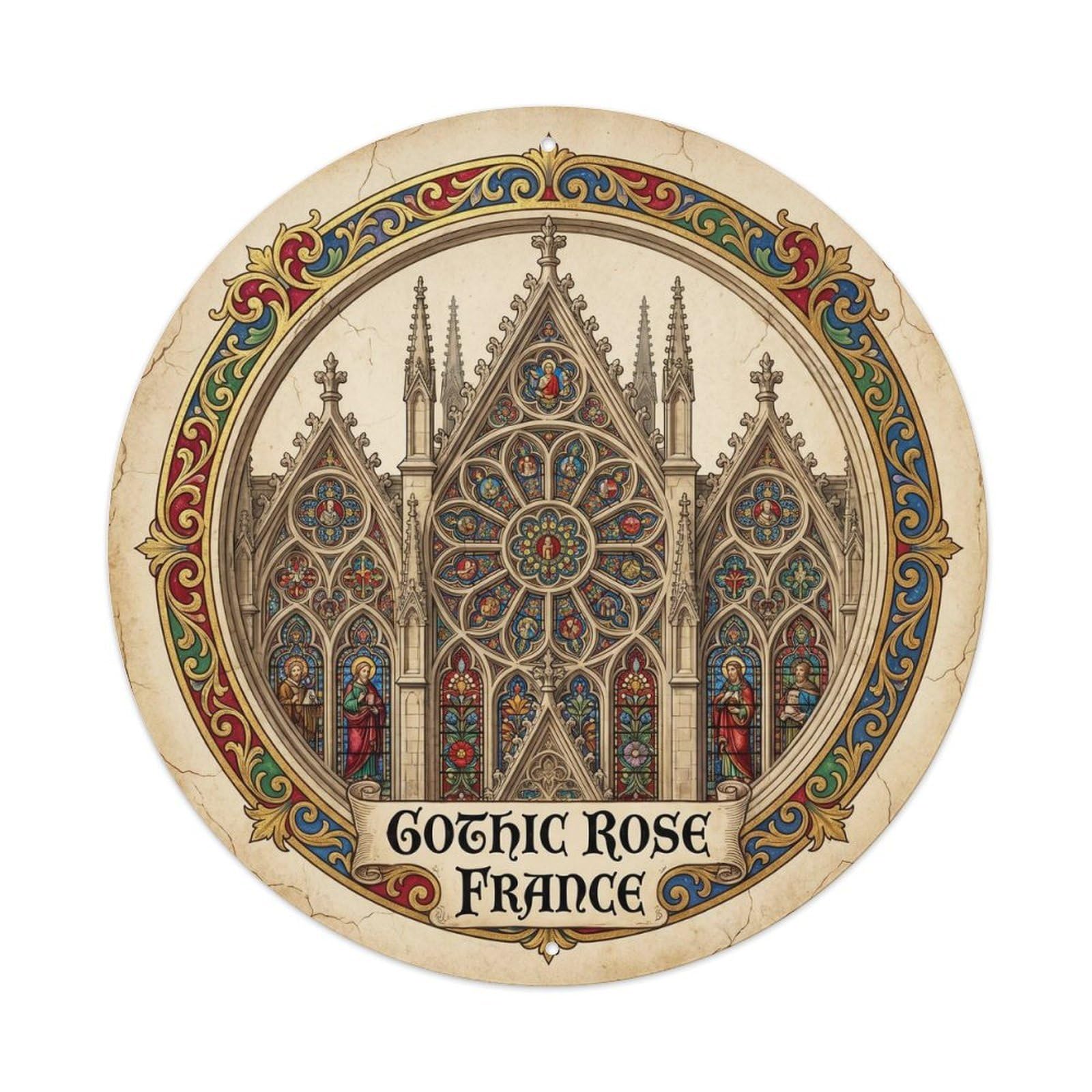 Vintage Travel Rose France Medieval Metal Tin Sign Plaque Wall Decor for Cafe, Club, Garden Round Metal Poster 8x8Inch