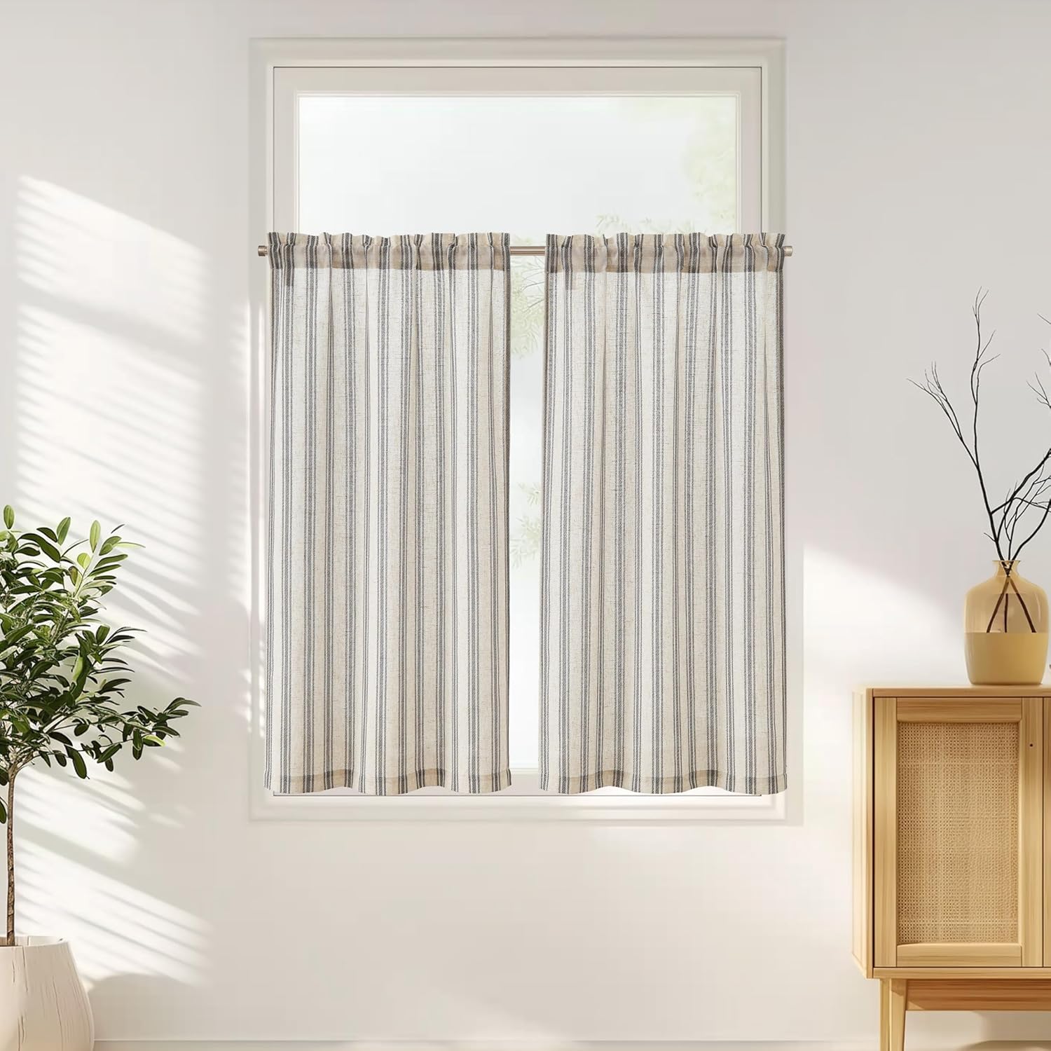 jinchan Linen Striped Cafe Curtains 45 Inch Stripe Small Window Curtains Balanced Stripe Light Filtering for Bathroom Living Room Laundry 2 Panels Black on Linen 26"W x 45"L (Pack of 2) Striped Chocolate Black on Linen