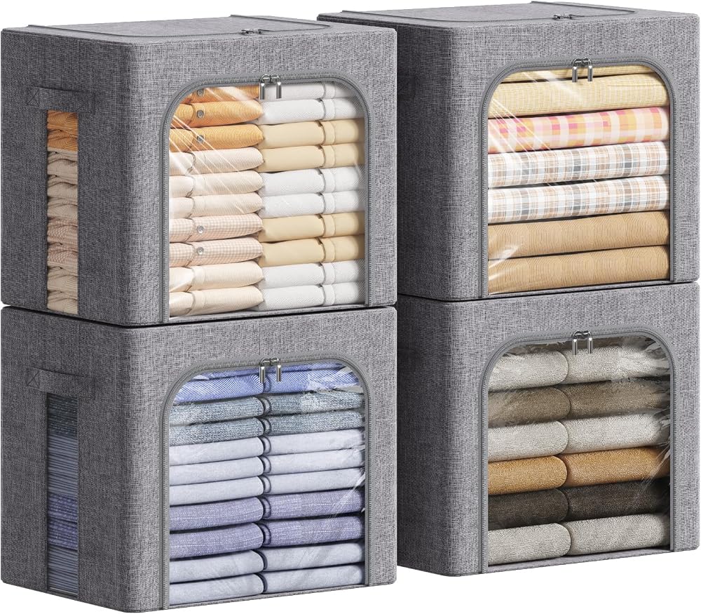 Lifewit 4 Pack Clothes Storage Bins with Metal Frame, Stackable Storage Box