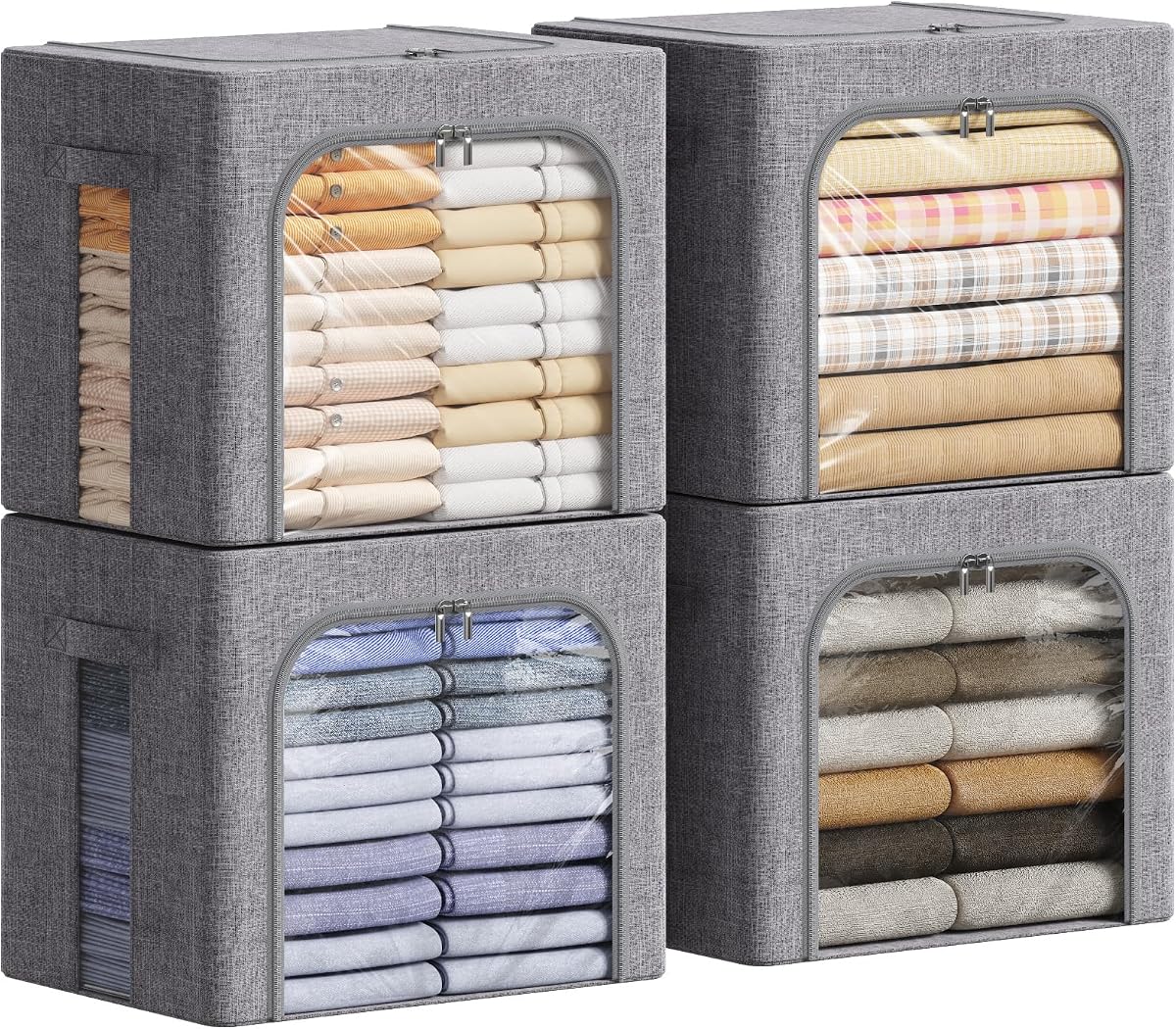 Lifewit Contenedores de almacenamiento de ropa con marco de metal, caja de almacenamiento apilable, contenedores de almacenamiento de ropa plegables con tapas, bolsas de almacenamiento de 40 litros, caja organizadora de tela con ventana transparente, cremalleras y asas resistentes, paquete de 4