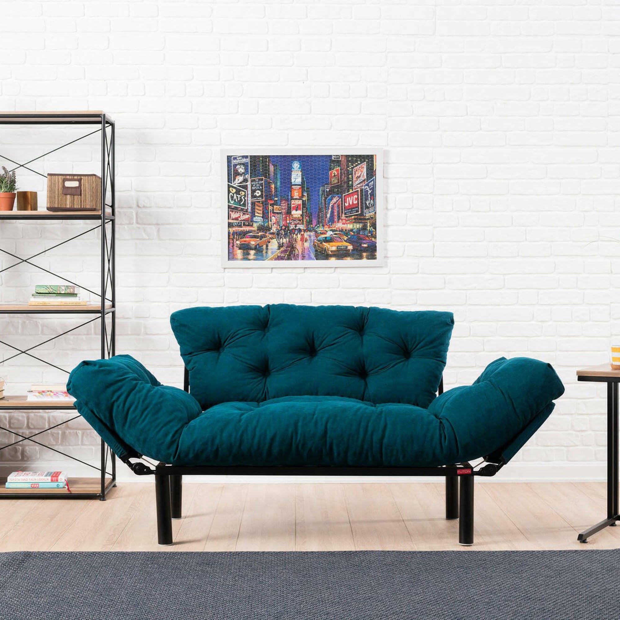 Dmora - Divano Letto 2 posti Zeeusis, Sofà trasformabile, Divanetto per Ospiti, Poltrona Letto, 155x70 h85 cm, Azzurro
