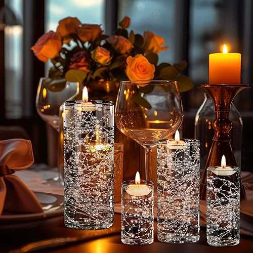 Miniatura 6 de Mifoci 24 jarrones cilíndricos de cristal para boda, 24 piezas, cadena de perlas artificiales, 48 piezas de jarrones flotantes, juego de relleno de