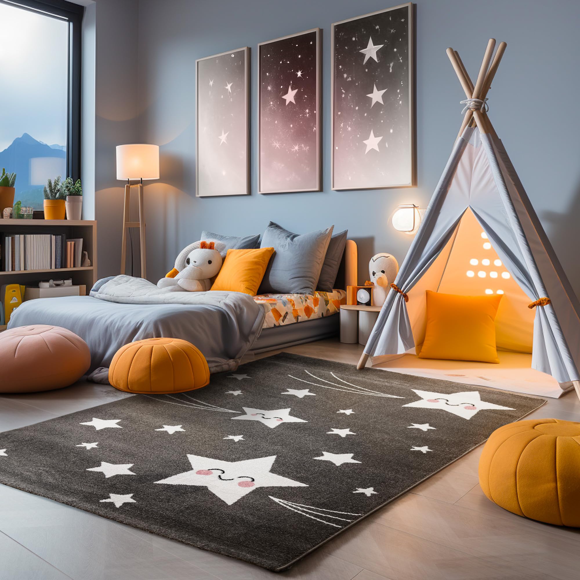 SIMPEX Alfombra Infantiles, diseño Estrella, Alfombra Gris, 160 cm Redonda, Alfombras para niños, Alfombra habitación Infantil