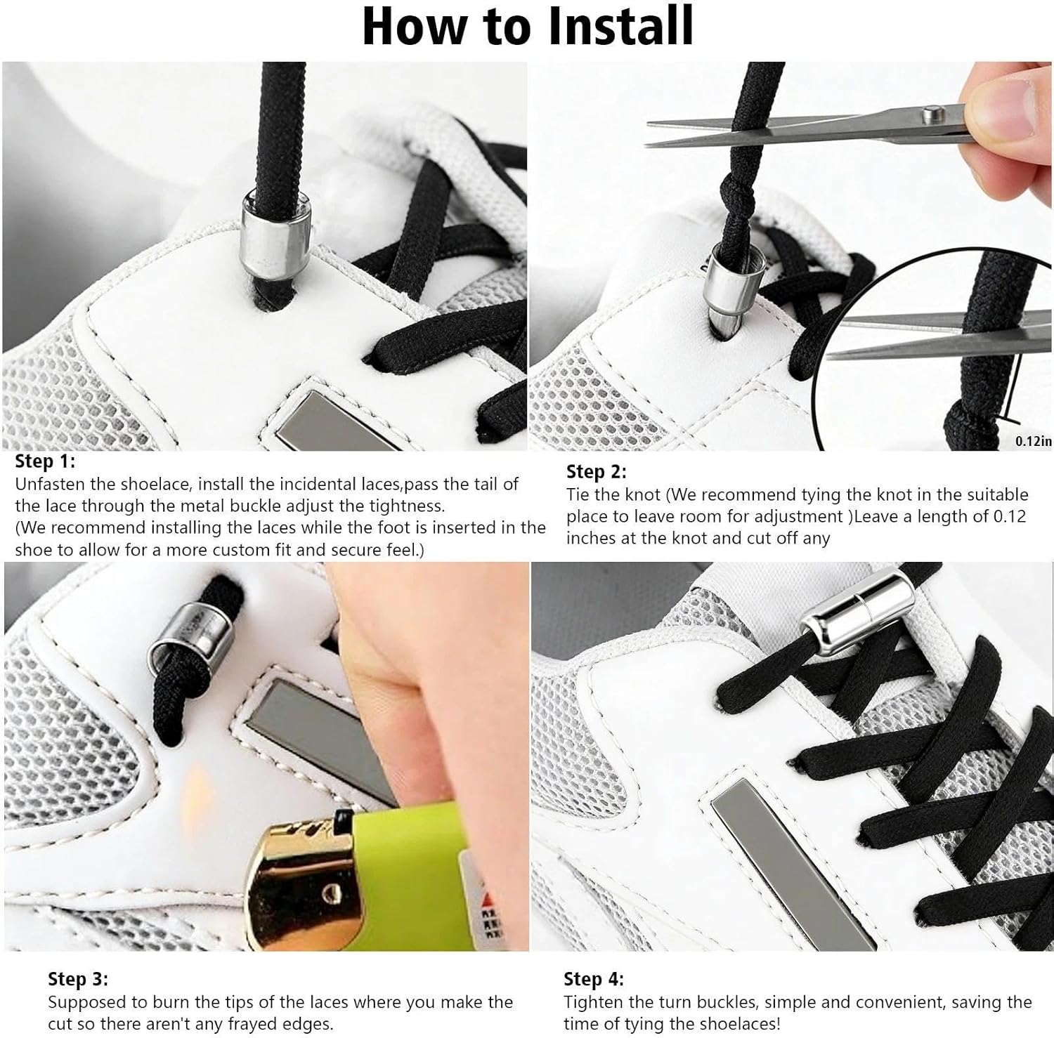 2 Pairs Of Shoelaces 4 Aluminum Buckles Black White Tone Elastic Thin Soft Round Easy To Take Off Suitable Athletic Casual
