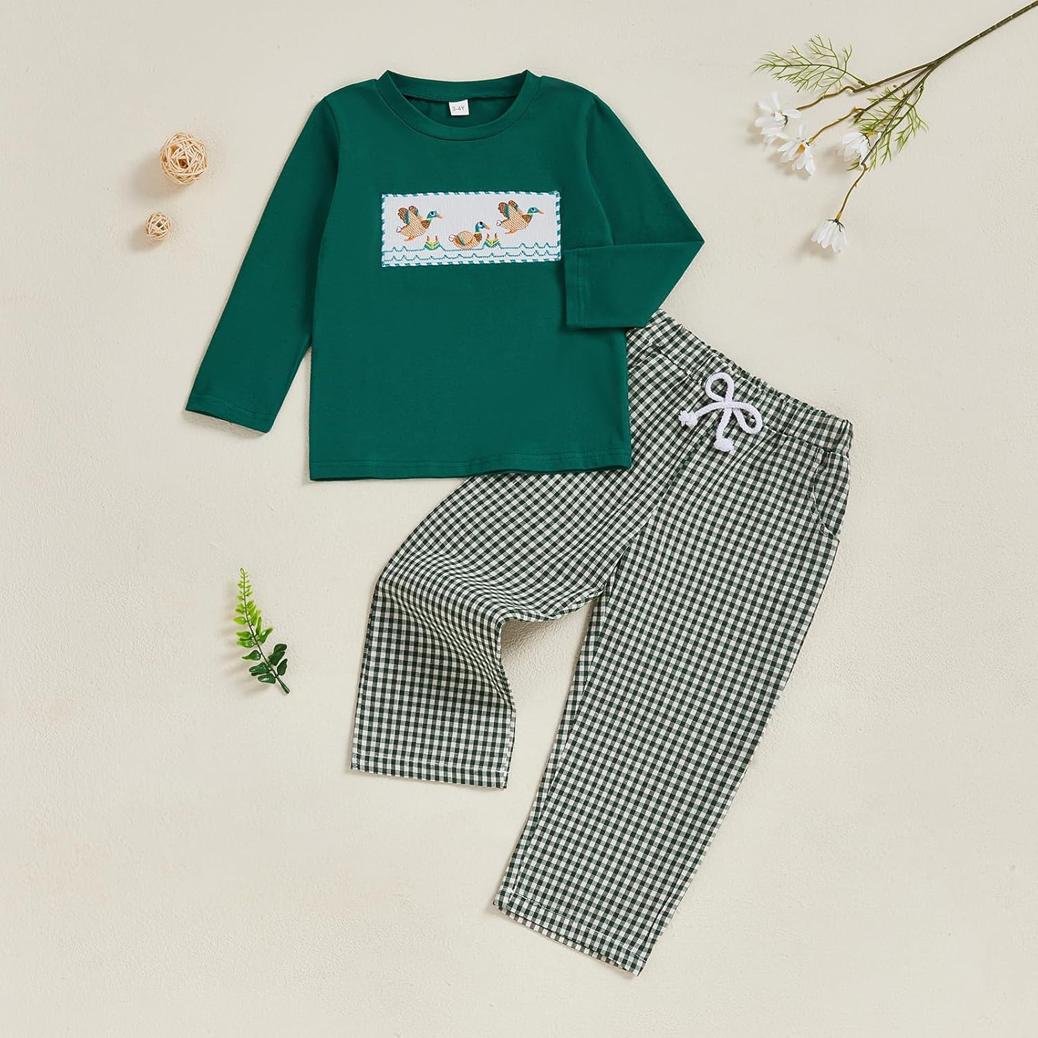 Toddler Baby Boy Hunting Outfit Long Sleeve Mallard Duck Sweatshirt T-shirt Gingham Pants Two Piece Smocked Clothes - Image 2