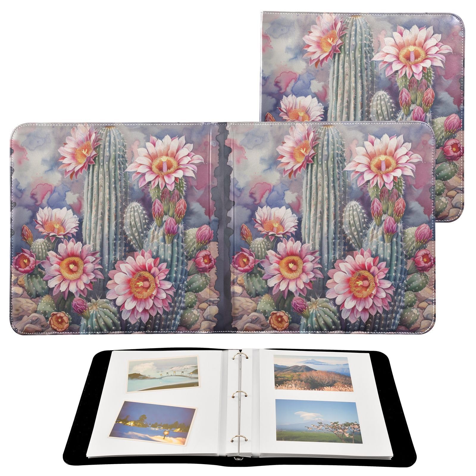 JIPONI Watercolor Cactus Flower Large Photo Album, DIY Leather Cover Scrapbook Albums for 4x6 5x7 6x8 Pictures, Self Adhesive Memory Book for Wedding, Baby, Family