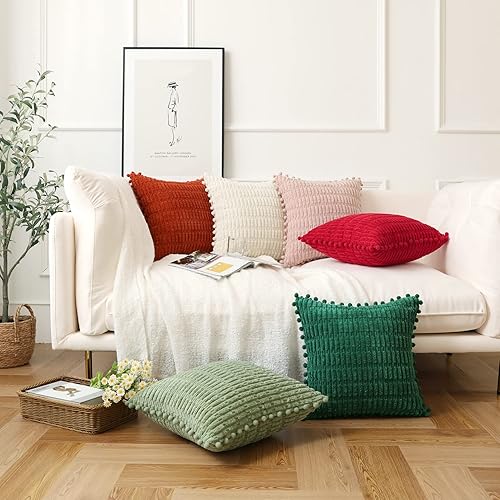 Miniatura 6 de sykting Juego de 2 fundas de almohada decorativas de 16 x 16 pulgadas, suaves, a rayas, bohemias, con pompones, para sofá, cama, sala de estar,