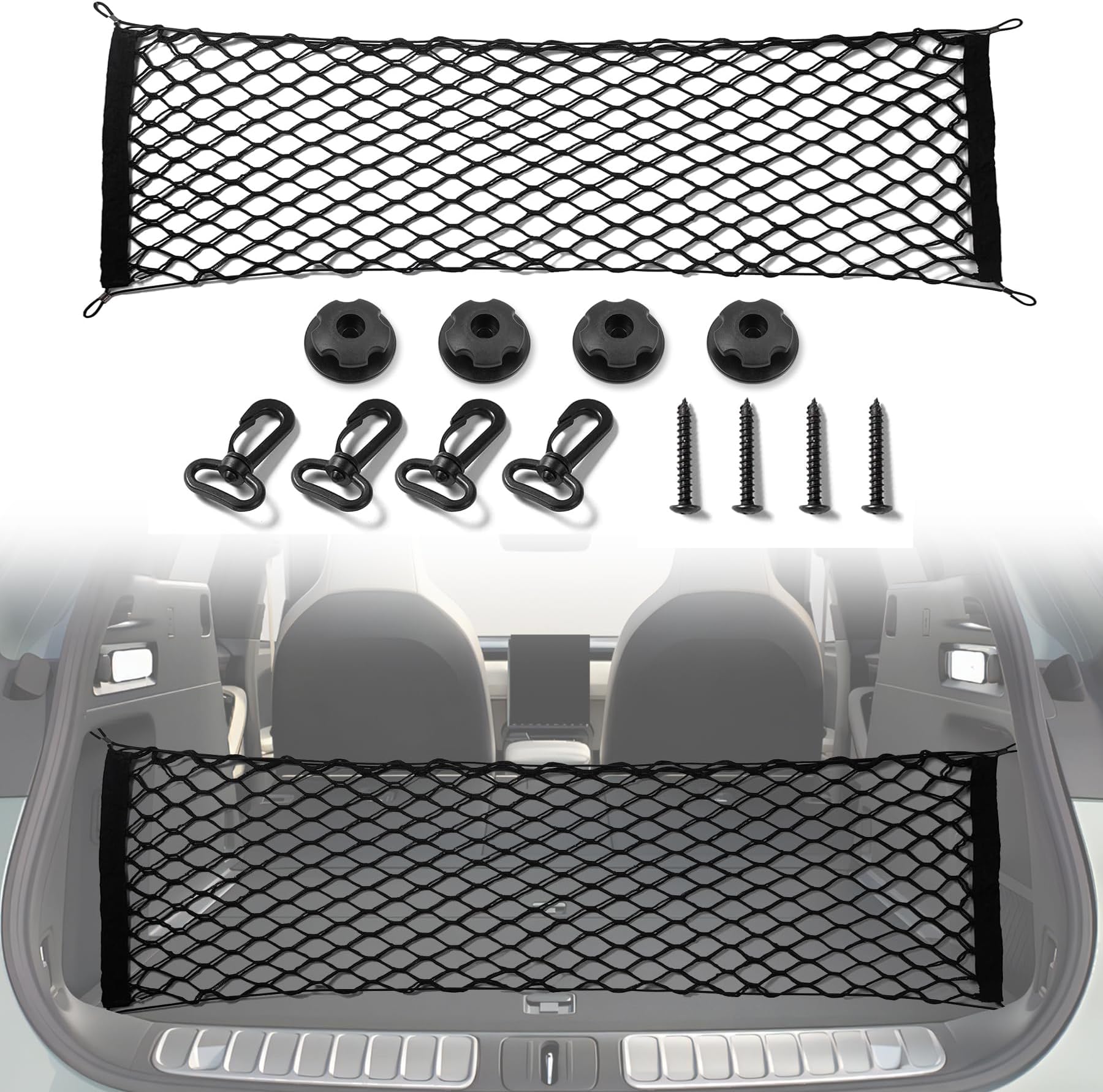 Amiss Cargo Net Stretchable, Car Exterior Accessories, Adjustable Elastic Trunk Storage Net with Hook for SUVs, Cars and Trucks (35.4x15.8 Inch)