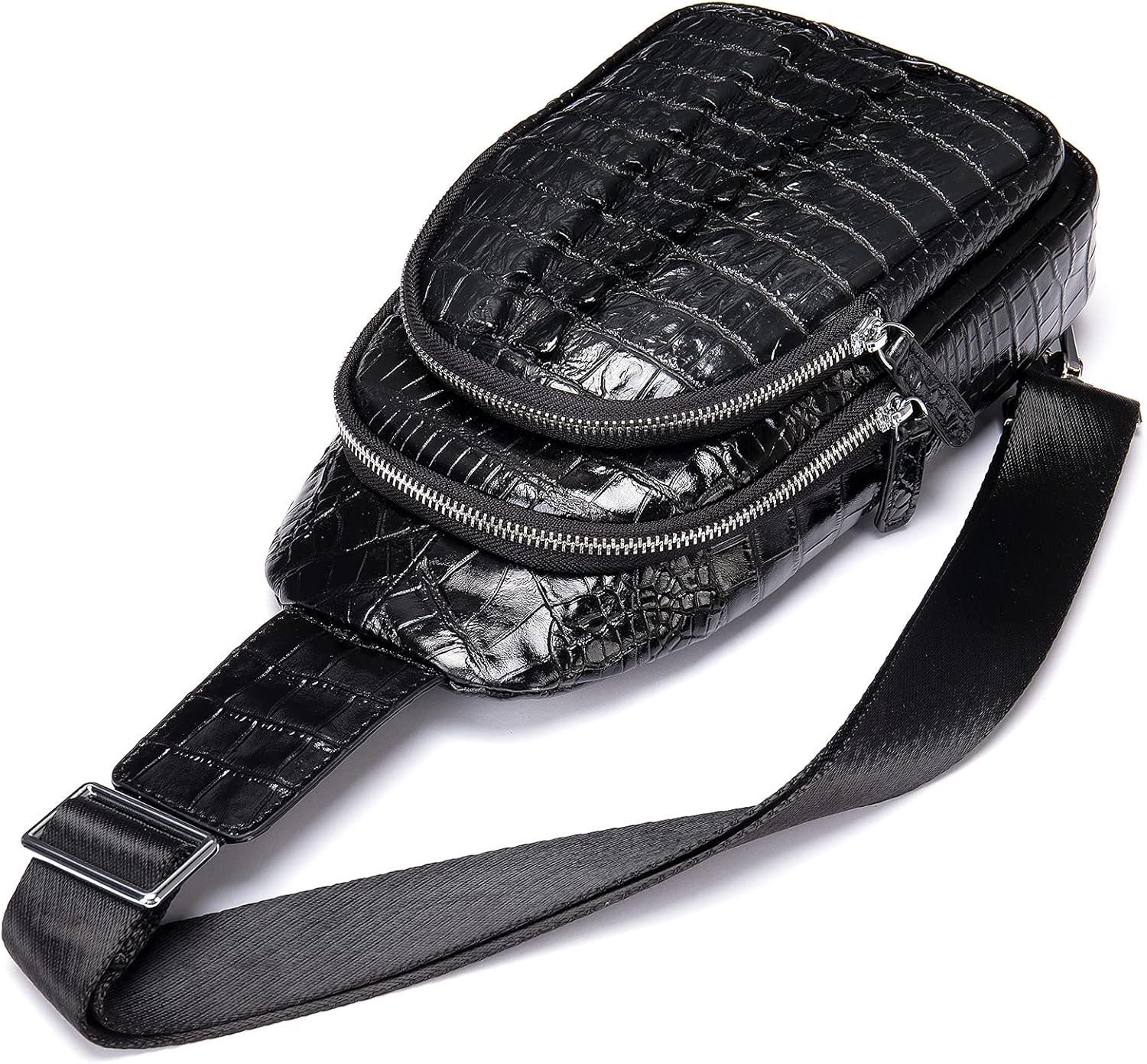 Crocodile Leather Sling Bag, Cool Man Bags One Shoulder Backpack for Men and Women Black