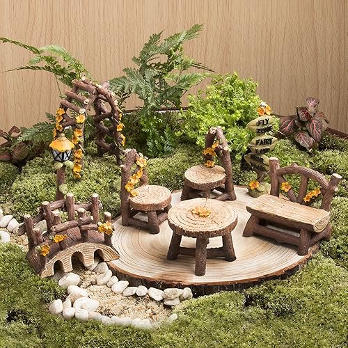 Miniatura 2 de Accesorios de jardín de hadas, juego de 8 piezas de mesa y sillas en miniatura, kit de adornos para muebles de jardín de hadas, accesorios para casa