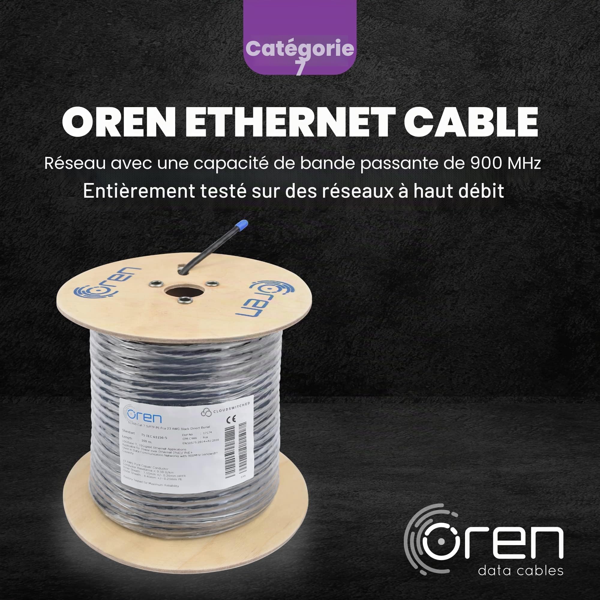 Oren CAT7 100m Câble Ethernet Extérieur - Enfouissement Direct - Câble en Cuivre Pur 23 AWG - Bande passante 900 MHz - Câble réseau LAN Internet S/FTP, sans halogène, sans corrosion - 10GbE