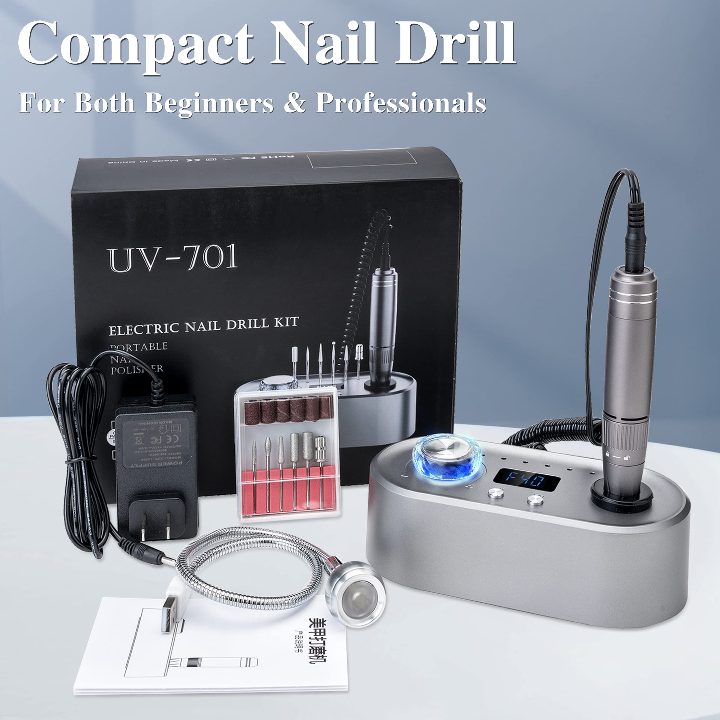 Delanie 40000 RPM Nail Drill Machine for Acrylic Nails Gel Nails, Professional Electric Nail File E File Dremel with Light Lamp Manicure Tool, Gray