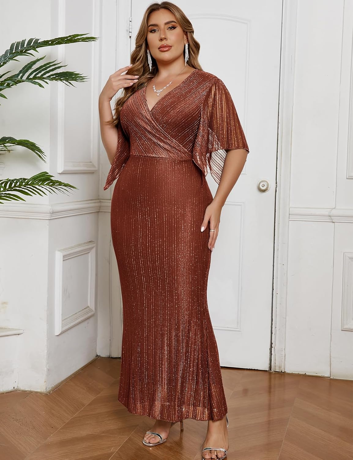 ZOMVA Plus Size Maxi Formal Dress Sparkly V-Neck Mermaid Wrap Evening Gown Cocktail Prom Glitter Handkerchief Sleeves - Image 6