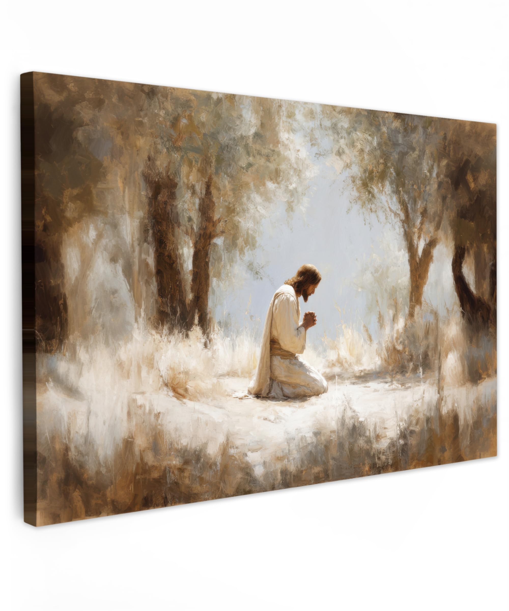 Gartenbilder 150x100 cm Wetterfeste Leinwand Outdoor Bild Terrasse Deko Balkon Wetterfest Gartenposter Foto Geschenk Draußen Jesus - Kniend - Waldlandschaft - Betend