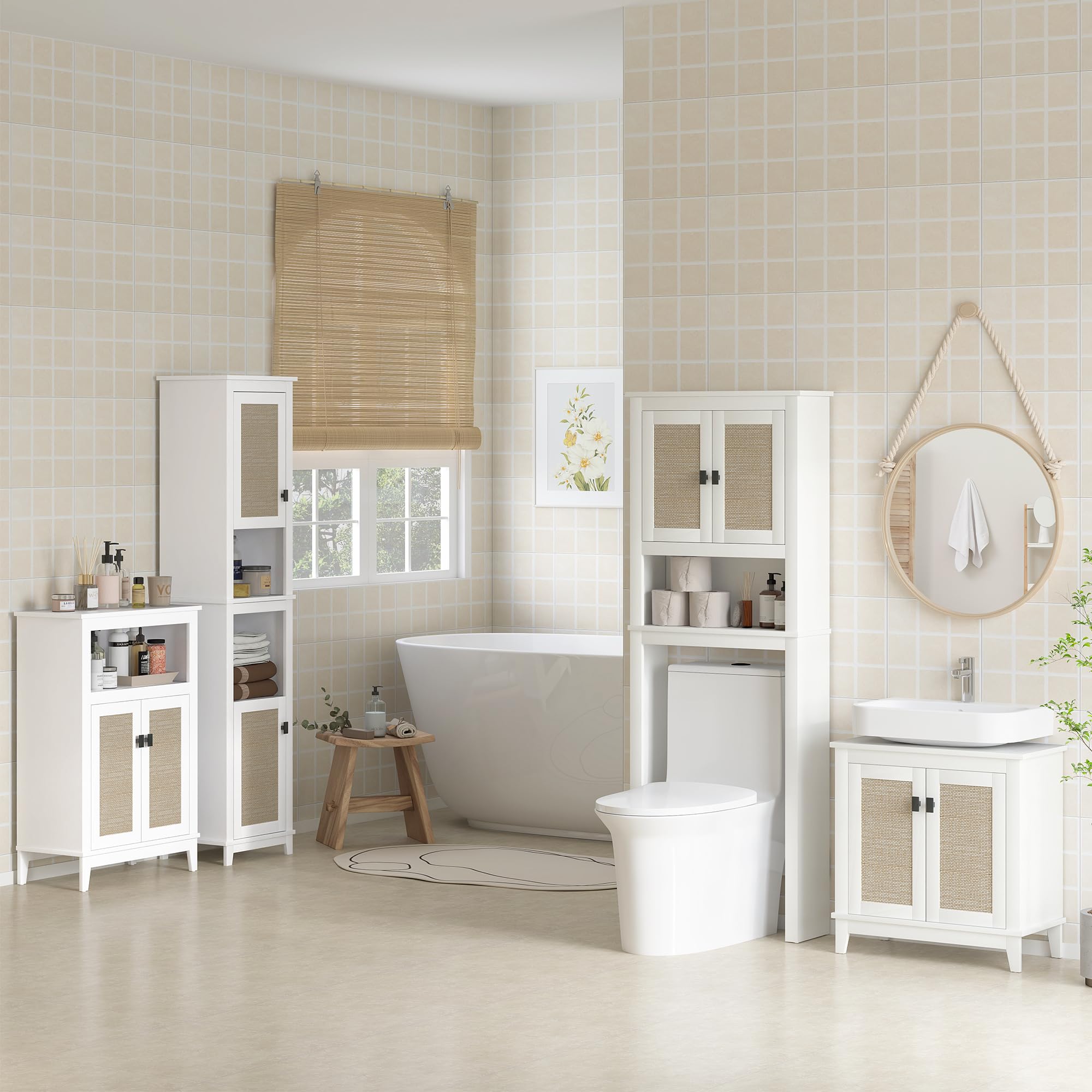 HOMCOM Mueble sobre Inodoro Estrecho Armario sobre Inodoro con 2 Puertas con Frontal de Ratán Compartimento y Estante Ajustable Mueble de Baño 60x19,5x160 cm Blanco