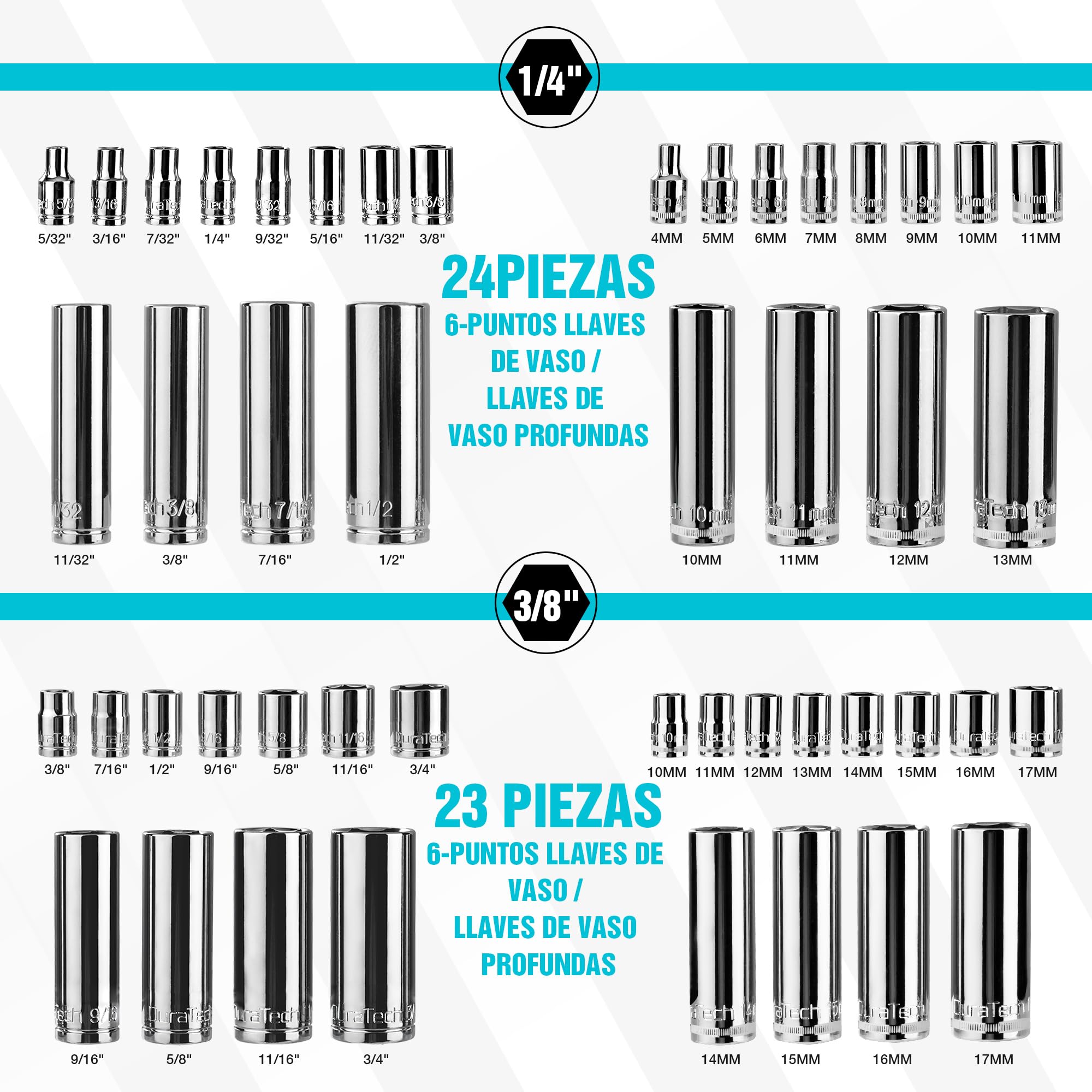 DURATECH 121 Piezas Juego de Herramientas Mecánicas, Set de Llaves de Vaso, 1/4" y 3/8", Carraca de 72 Dientes, Acero al Cr-V, con Caja, Incluye Destornillador y Puntas