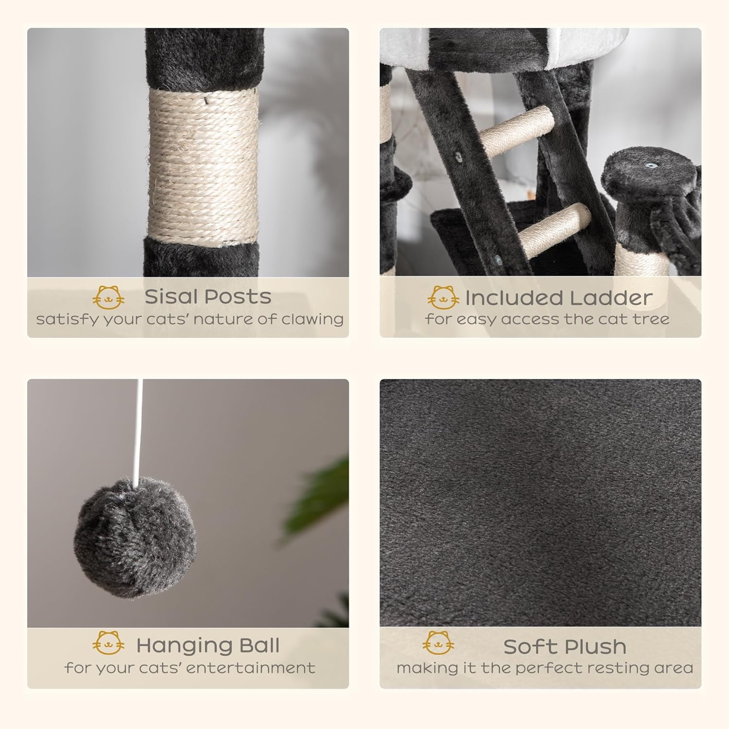 Close-up images of cat tree features: sisal scratching posts, an included ladder, a hanging play ball, and soft plush fabric.