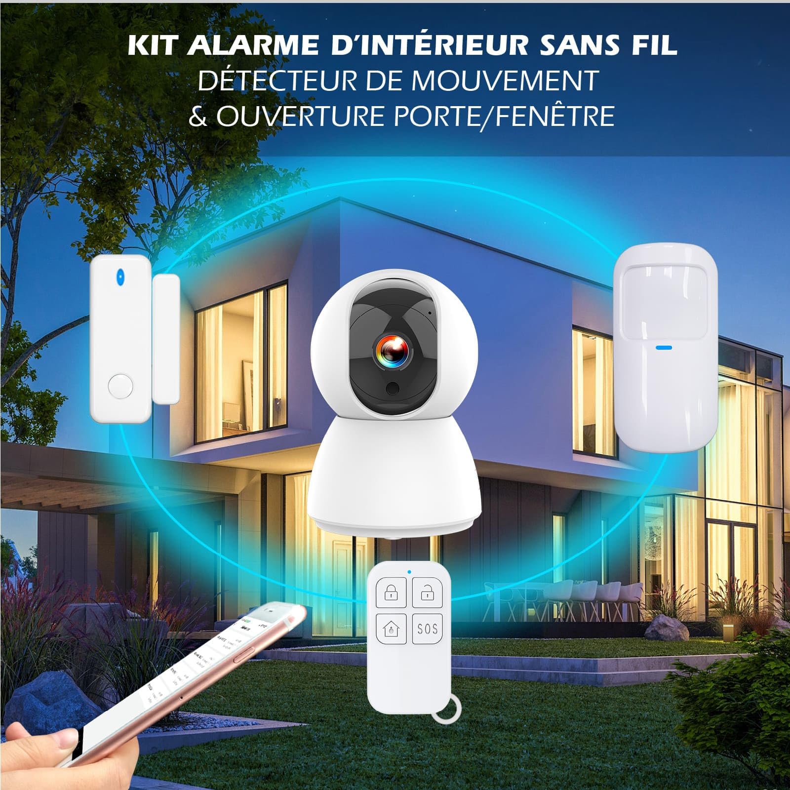 Kit Alarme étendu KYF-ALARM-012-ET Maison avec Caméra IP 4MP, 2 Détecteurs de Mouvement, 2 Détecteurs d'Ouverture, 2 Télécommandes, Sirène 90dB