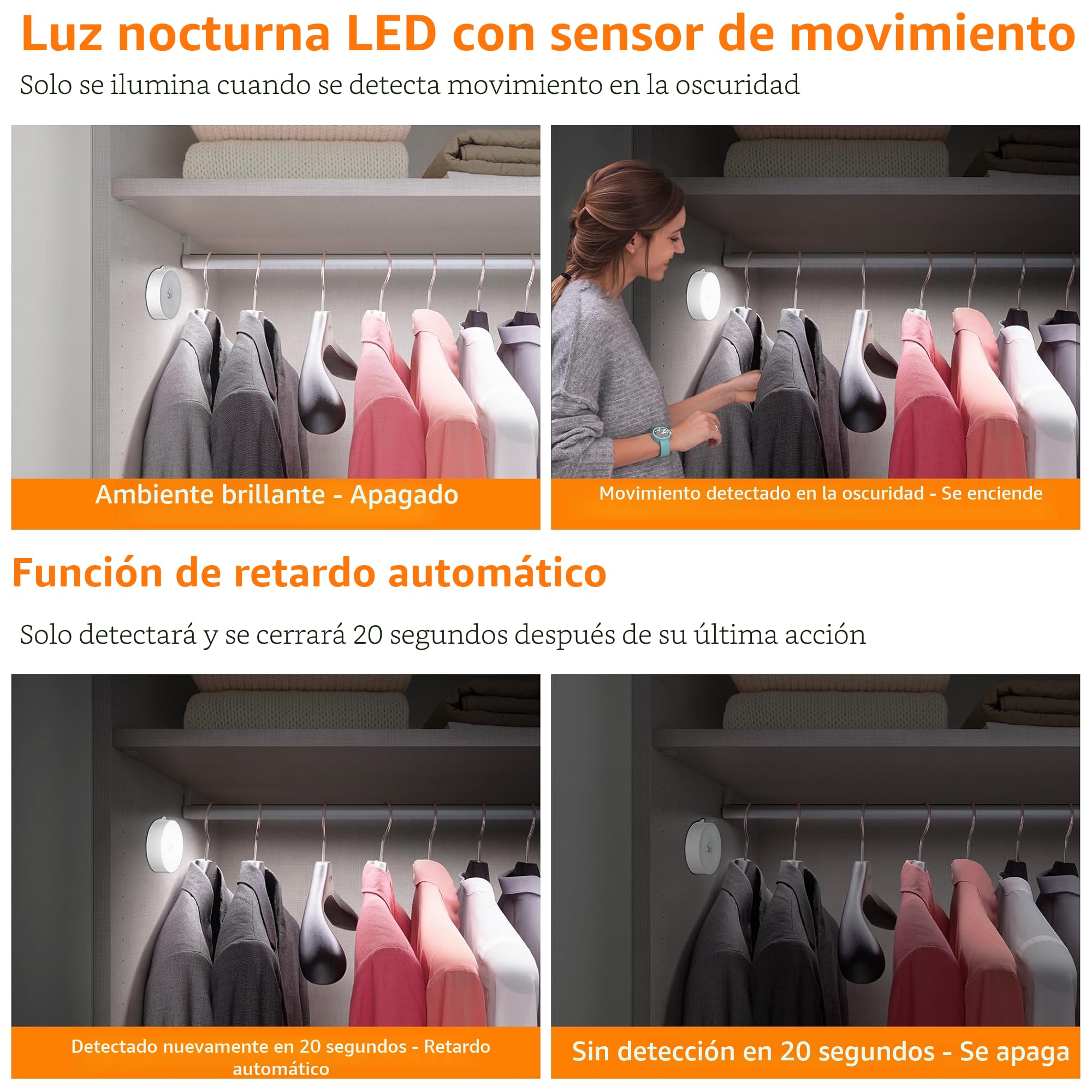 daphomeu Luz led nocturna con sensor de movimiento, Funciona con 3 pilas AAA. iluminación de armario, sensor de movimiento interior para escaleras, dormitorio, cocina. (blanco frío,3 Piezas)