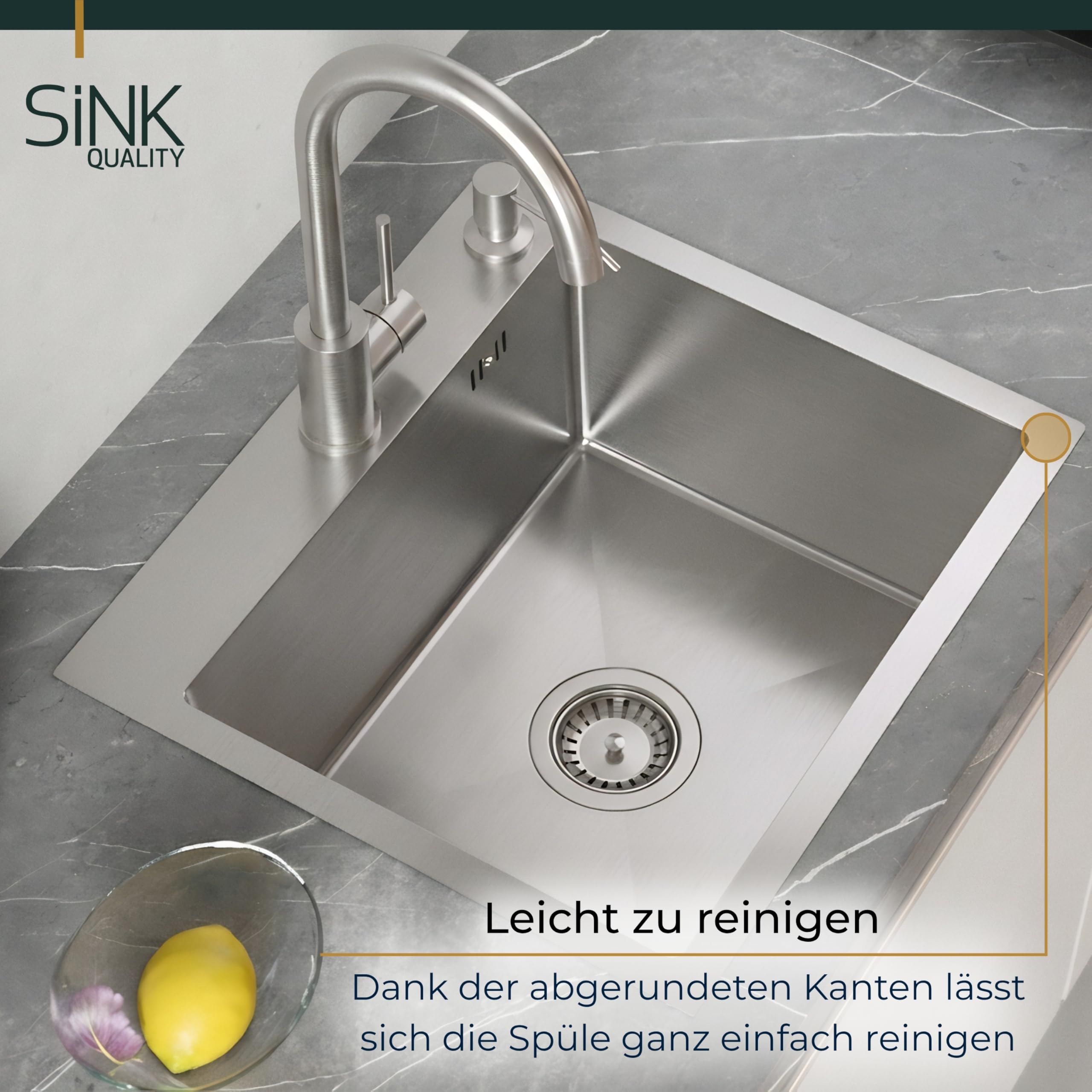 Sink Quality zlewozmywak ze stali nierdzewnej 50 x 45 cm – odporna na zarysowania powłoka PVD i oszczędzający miejsce syfon, zlewozmywak ze stali nierdzewnej 304 do szafki pod umywalkę 50 cm, łatwy w