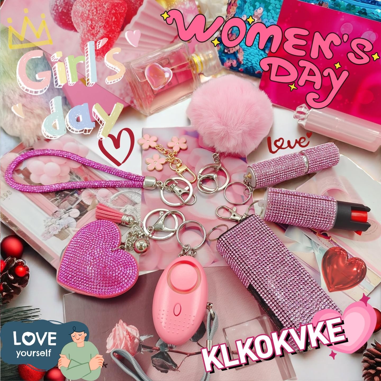 Gift Keychain Set for Women Including Wrist Strap, Heart Accessory, Petal Decor and Pom Pom - Image 2