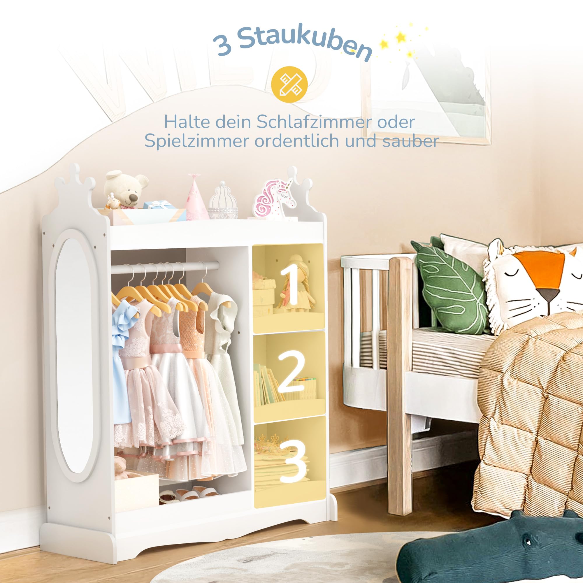 LUE BONA Kindergarderobe,Kinderkleiderschrank mit Spiegel und Kleiderstange,Kindergarderobe mit 3 Haken und 3 offener Ablagen,Kinder Kleiderschrank aus Holz für Kinderzimmer,85 x 34 x 112 cm,Weiß