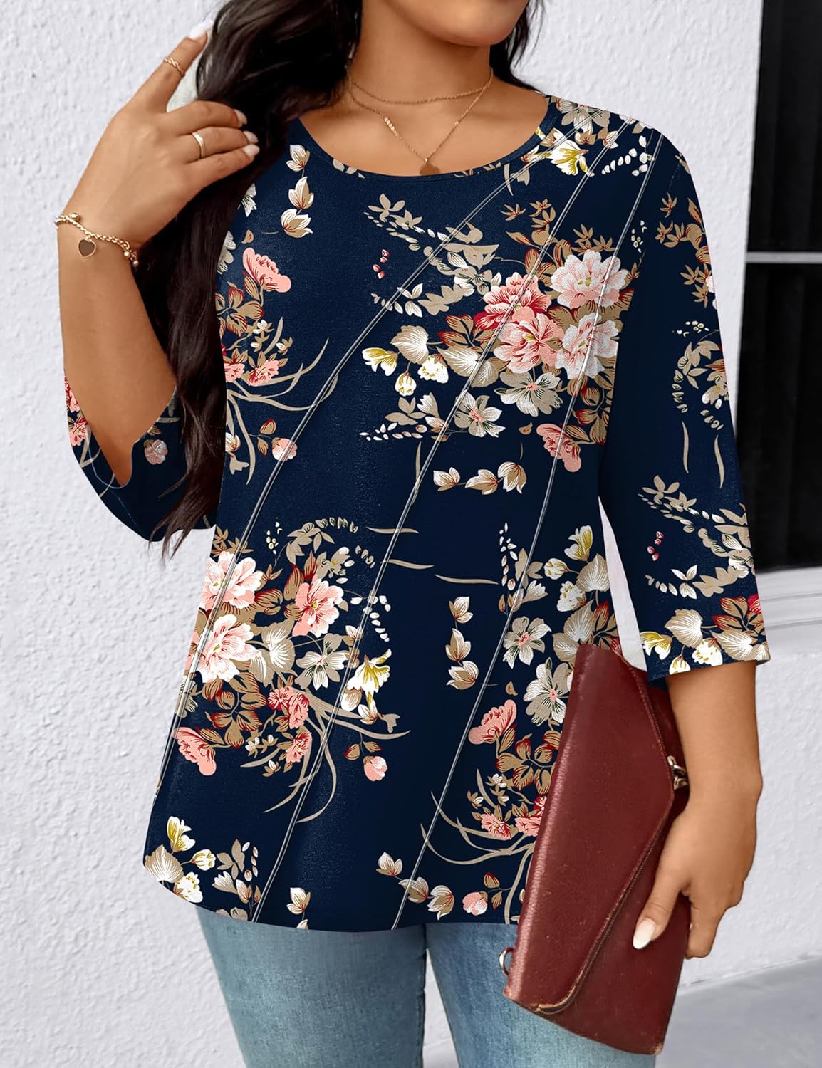 LOMON Womens Plus Size Tops 3/4 Length Sleeve Womens Tops Pleated Crewneck Fall Shirts Summer Blouses 2026 (1X-5X) - Image 5