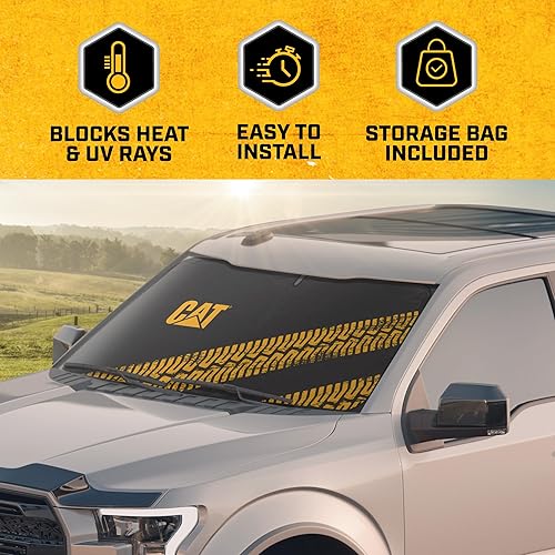 Miniatura 2 de Cat Parasol para parabrisas de automóvilcamión, parasol reflectante UV, color negro con rieles de neumáticos amarillos, tamaño jumbo 64 x 32 pulgadas