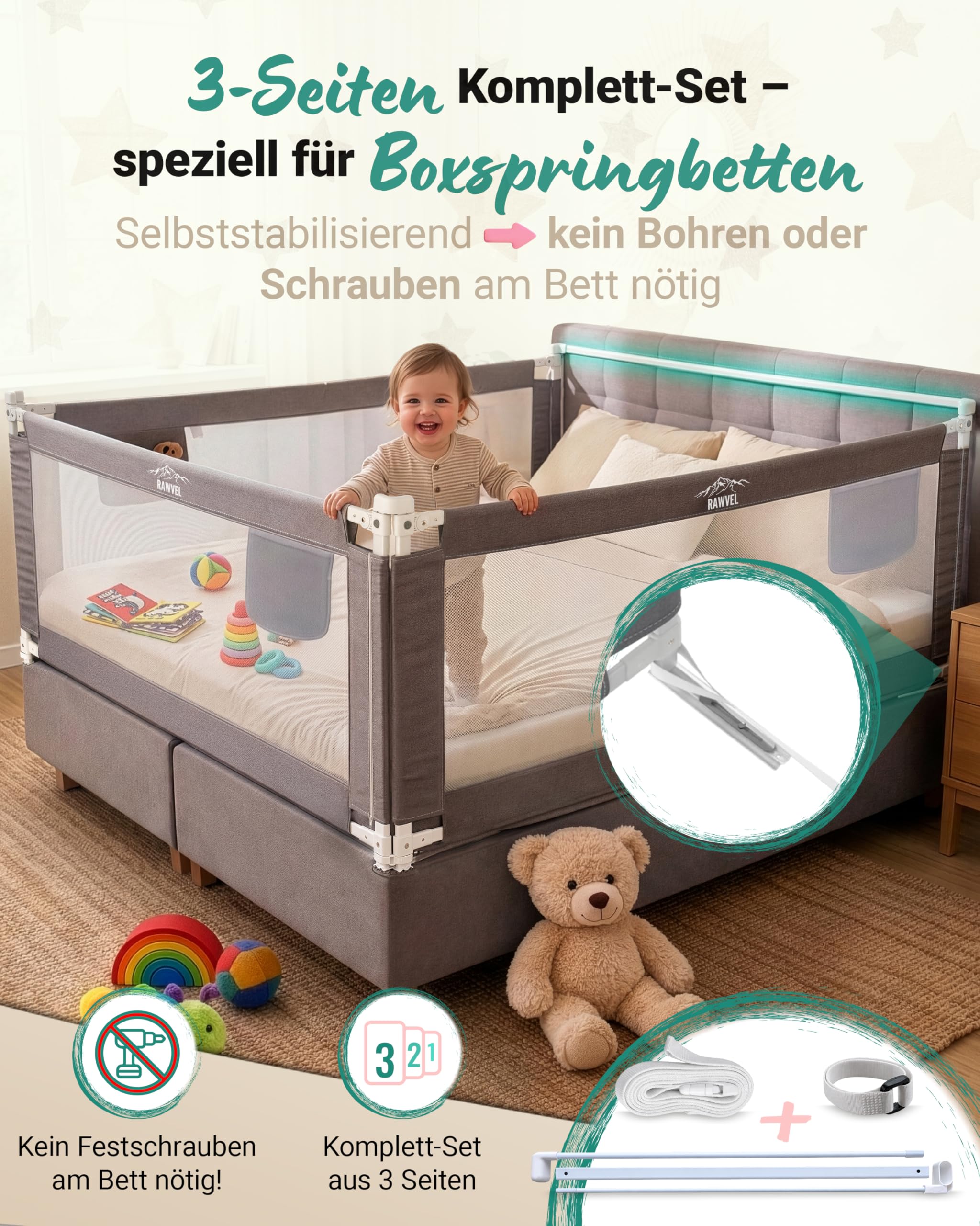 RAWVEL® Bettgitter Rausfallschutz Boxspringbett 200x200 cm 3 Seiten Komplett Set Stange