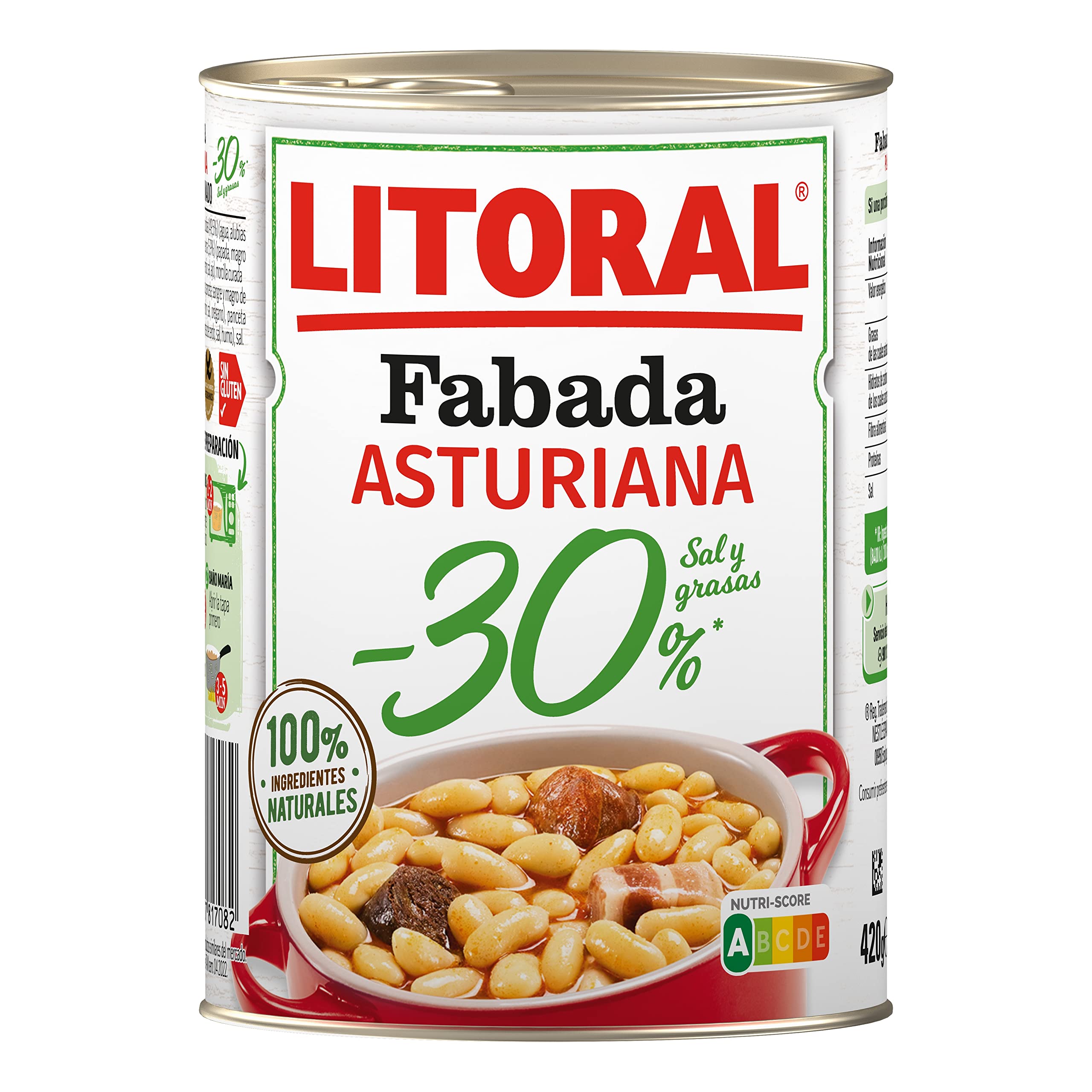 LITORAL Fabada Asturiana -30% Sal y Grasa Plato Preparado Sin Gluten 420g