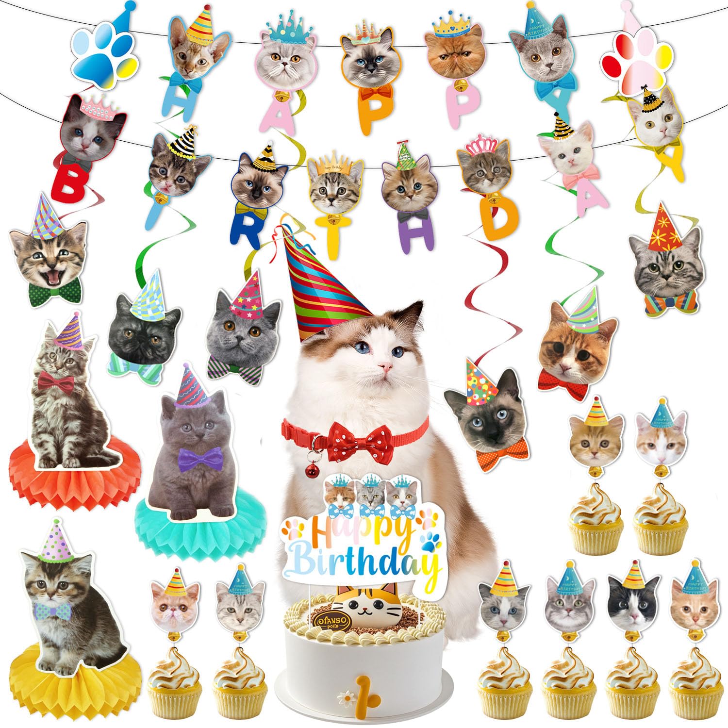 20PCS Cat Birthday Party Decorations,Cat Themed Party Supplies Includes Happy Birthday Banner,Hanging Swirls, Honeycomb Centerpieces, Cake Toppers, Cat Collars with Bow Tie & Bell for Kitten Girls