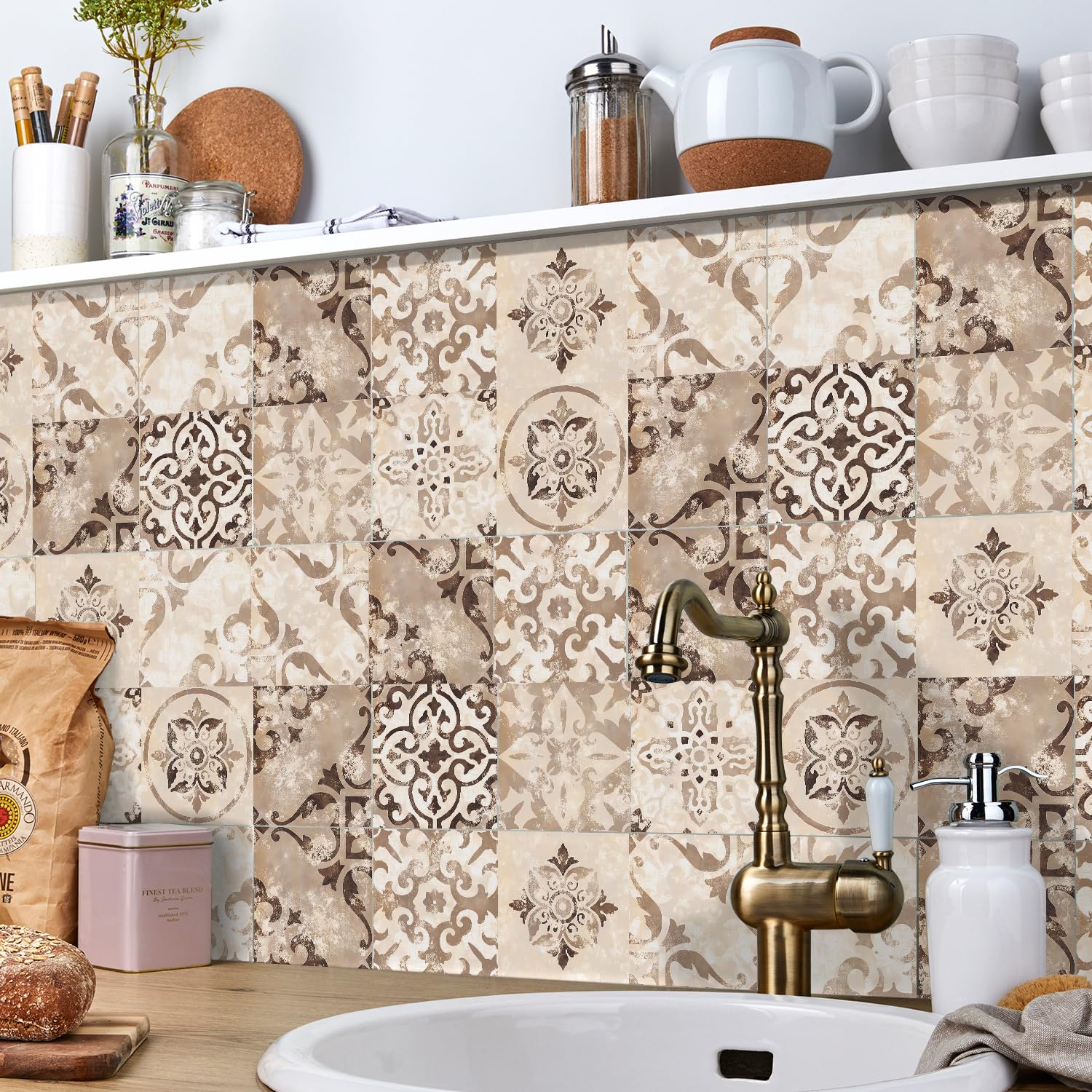 Ntrniva Victorian Tile Stickers 15x15cm (24pcs) Cream Peel and Stick Wall Tiles for Kitchen Bathroom Self Adhesive Waterproof Vinyl Tile Covers for Fireplace Surround