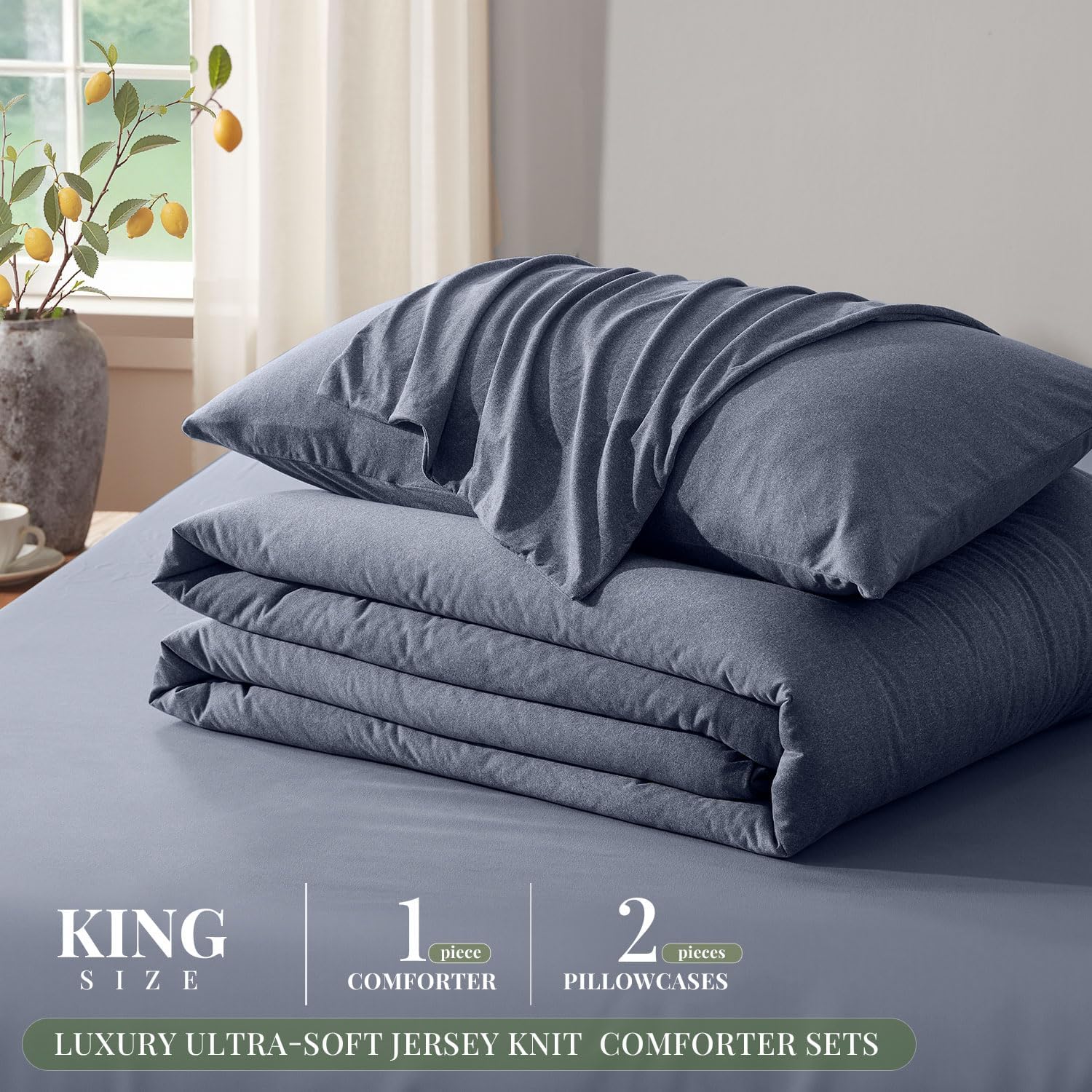 King Size Comforter Set, Comforters King Size Luxury Ultra-Soft Jersey Knit Bedding Sets, Blue Lightweight Down Alternative Bed Comforter for All Season, 3 Piece Bedding Set - Image 7