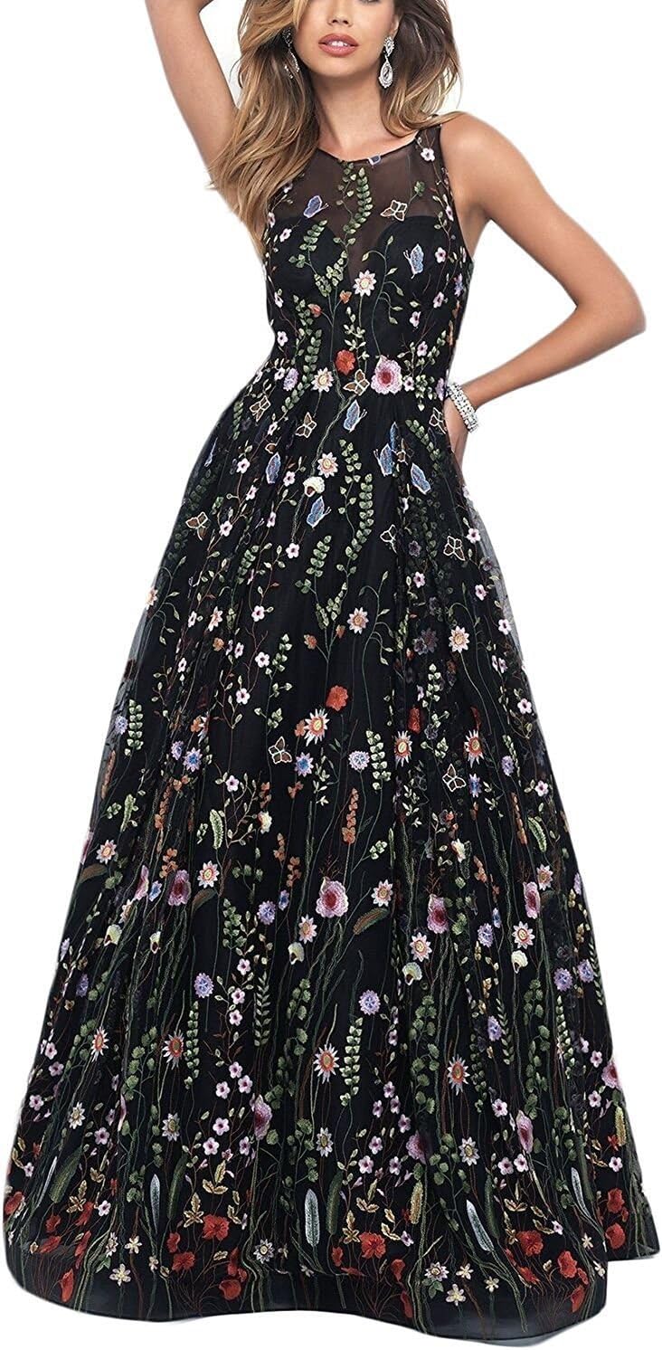 Vanial Long Floral Embroidered Dress Prom Evening Formal Dresses for Women 2018