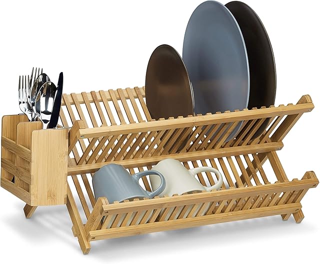 Relaxdays Cross Dish Drainer with Cutlery Basket, Total Size: 24 x 46 x 28 cm Bamboo Dish Rack Wooden Dish Dryer Foldable Folding For Large Plates and Cups W/Silverware Holder, Natural Brown