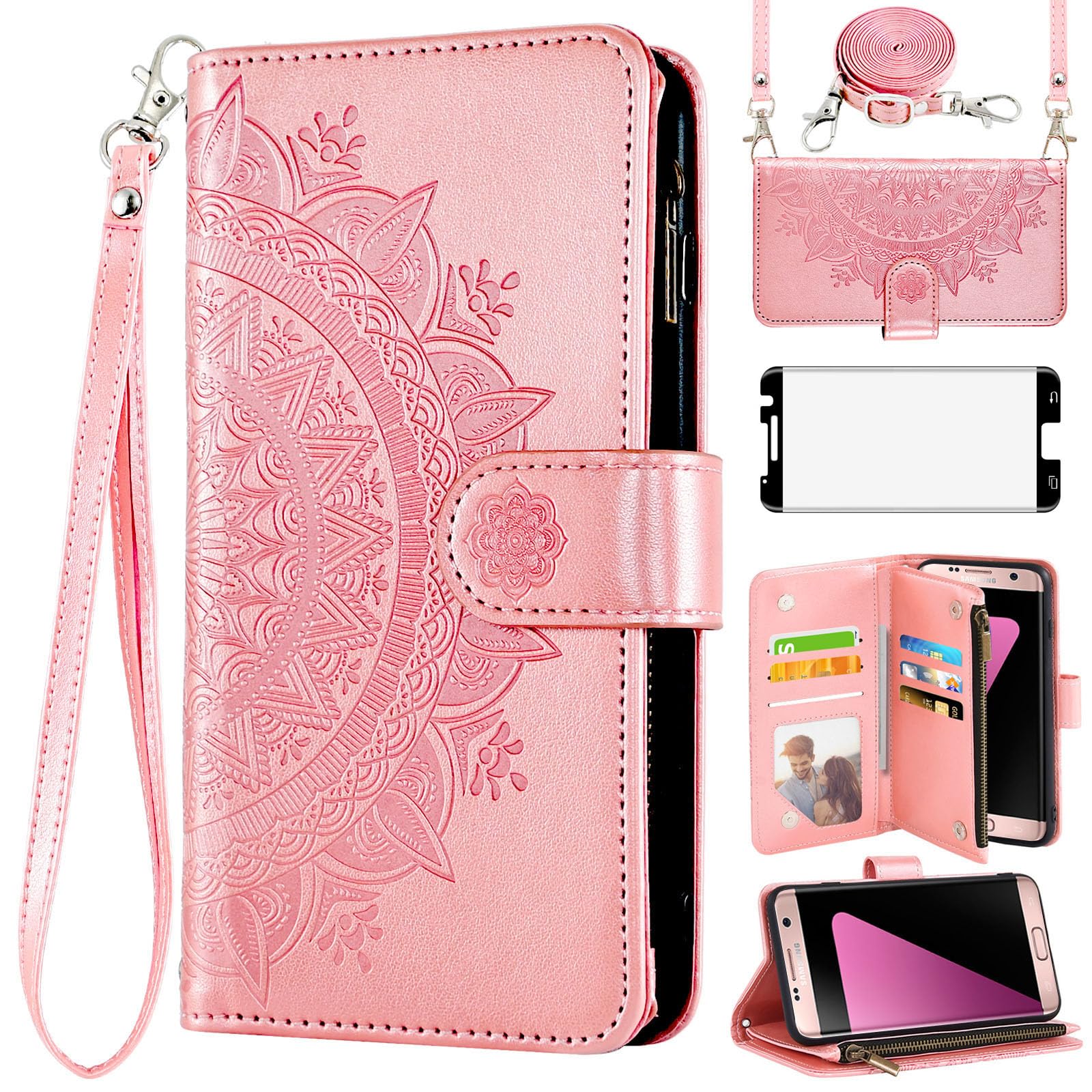 Phone Case for Samsung Galaxy S7 Edge Wallet Flip Cover with Tempered Glass Screen Protector and Mandala Flower Card Holder Stand Cell Accessories S7edge S 7 GS7 7s 7edge Women Girls Rose Gold