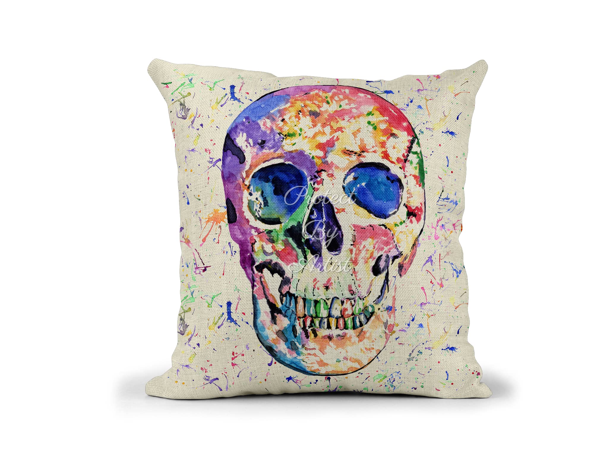 Vixar [Multi] Skull Watercolour Rainbow Art Linnen Cushion With Filling Or Cover Only, 40X40cm, Gift, Christmas, Birthday (Cover Only)