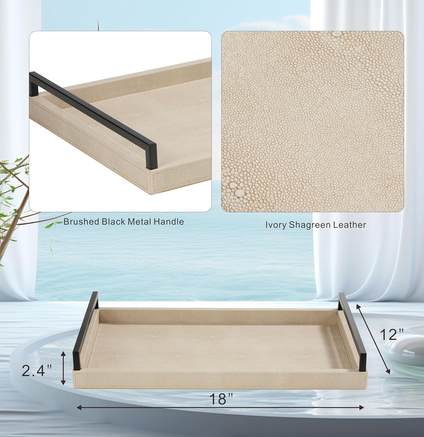 Sagala Ivory Shagreen Serving Tray for Ottoman, Faux Leather Wooden Decorative Tray with Black Handle for Coffee Table Console Table Buffet Living Room (Ivory)