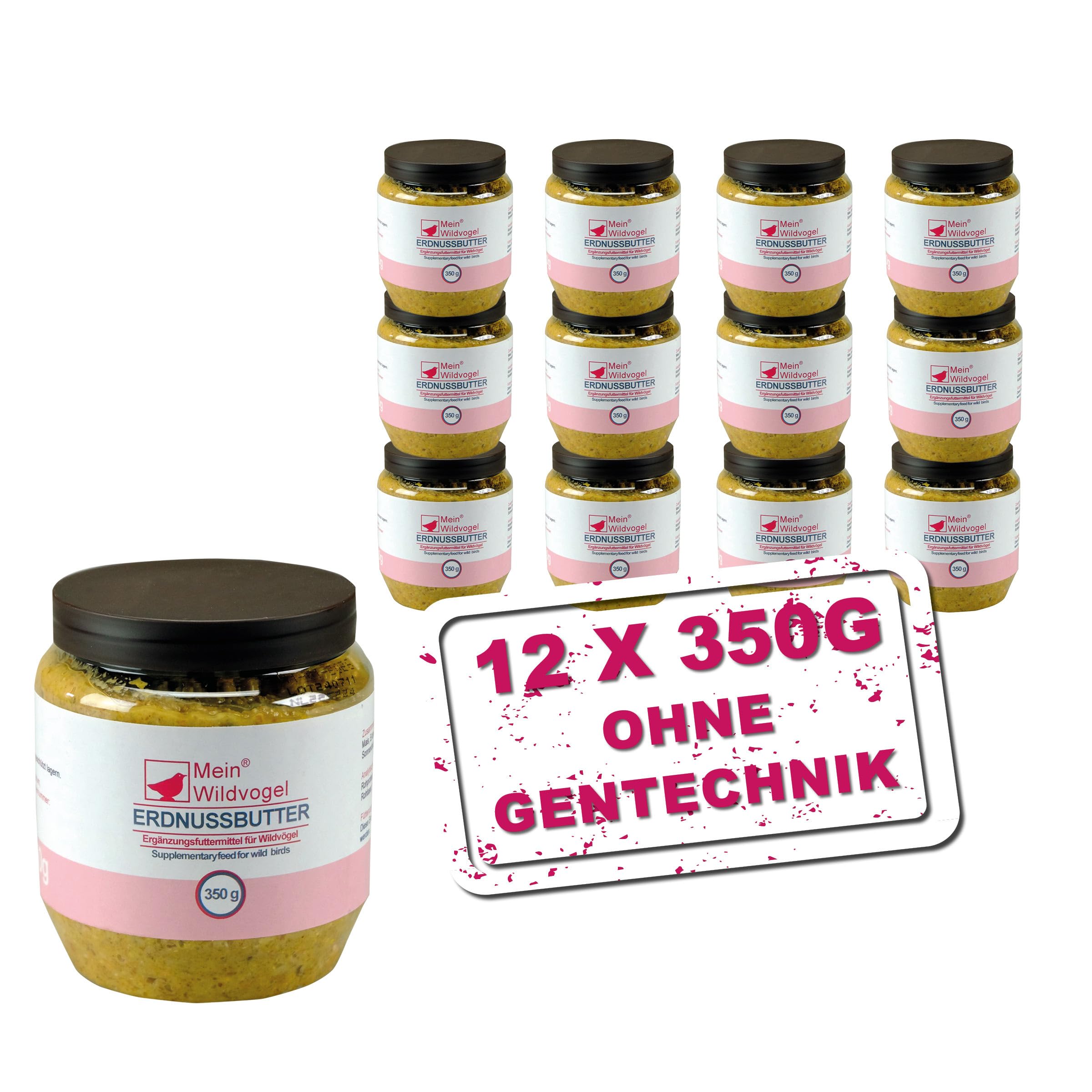 MeinWildvogel Erdnussbutter 12x 350g, nährstoffreiches Wildvogelfutter - Weichfutter mit Sonnenblumenkerne für Wildvögel und Gartenvögel. Ganzjähriges Fettfutter/Peanut Butter, ohne Gentechnik