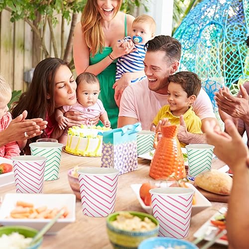 Miniatura 6 de Tanlade Paquete de 1000 vasos de papel multicolor de 5 onzas a rayas para enjuague bucal para fiestas, picnics, barbacoas, viajes y eventos, 10
