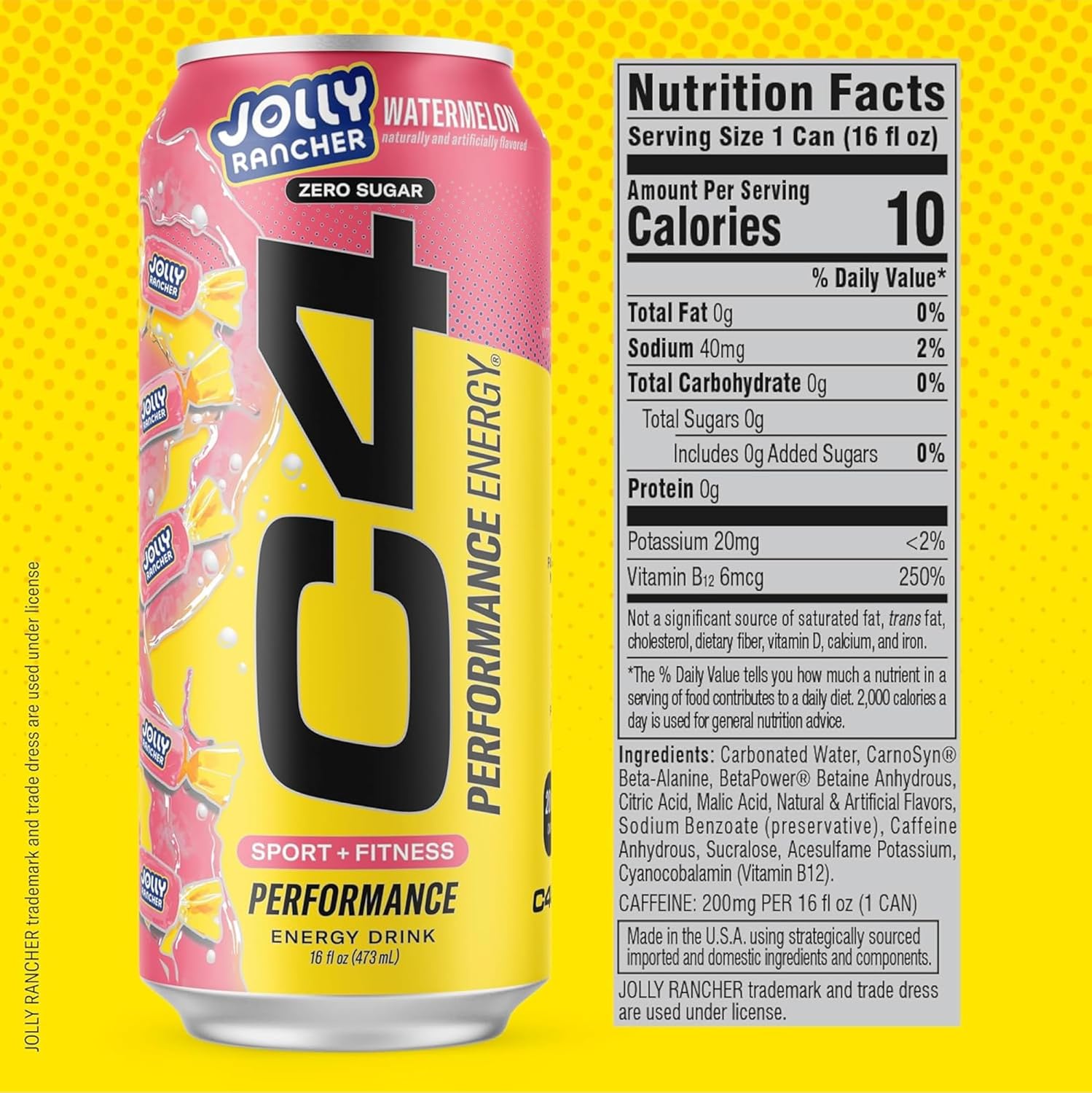 C4 Performance Energy Drink, Jolly Rancher Variety Pack, Zero Sugar Carbonated Preworkout Energy, 200mg Caffeine with Beta Alanine, 16 Fl Oz (12 Pack)