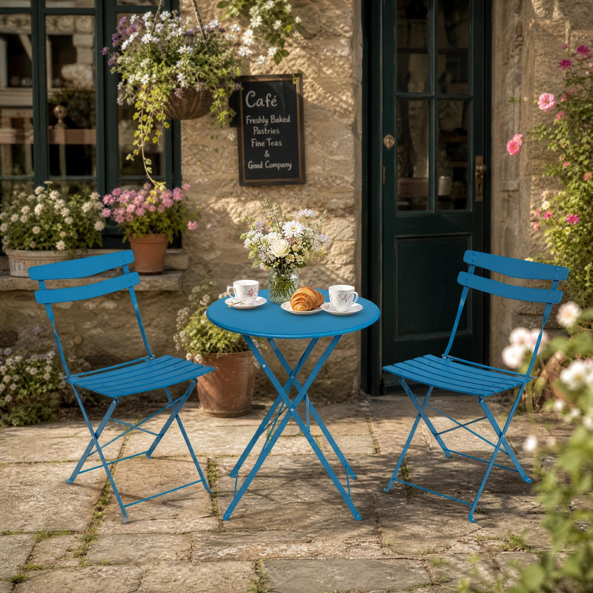 GarveeMore 3 Piece Bistro Set for 2, Folding Garden Table & Chairs Set of 2, Weatherproof Metal Outdoor Seating, Small Balcony Set, No Assembly 2 Seater Patio Set for Gardens & Terraces - Teal