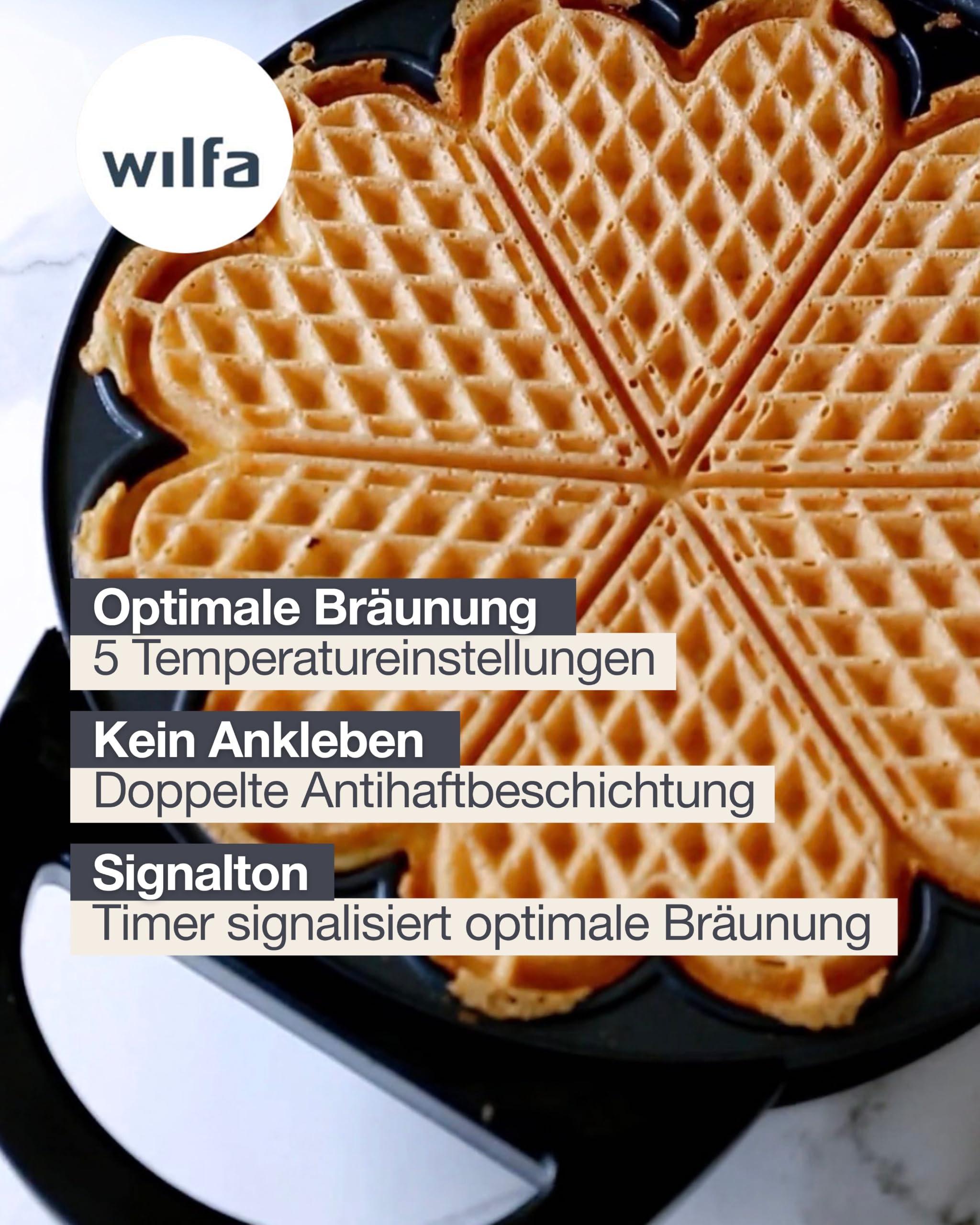Wilfa JOY Double Waffeleisen I 1.500 Watt I 2x18cm große Herzwaffeln I 5 Temperaturmodi I Mit Alarm-Glocke I Inkl. Teig-Löffel (schwarz)