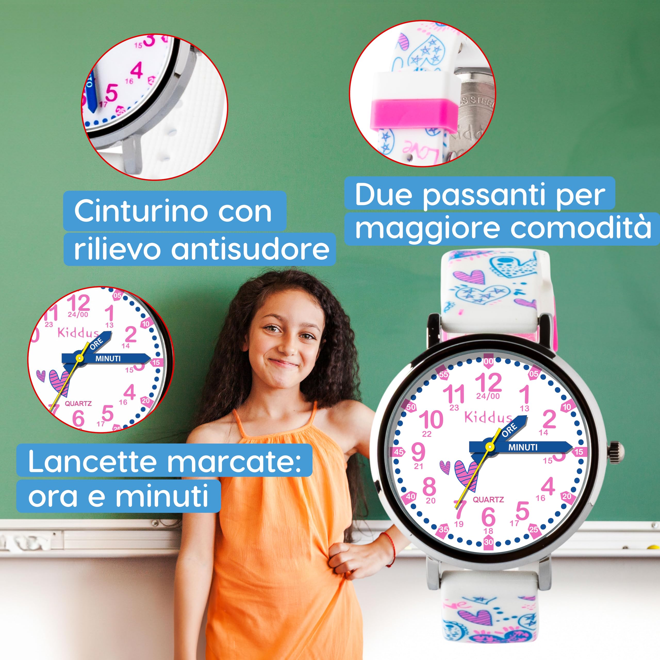 Kiddus Reloj Educativo Infantil para Niño y Niña a Partir de 5 Años, Sumergible 5ATM, Reloj Analógico para Aprender la Hora, Mecanismo Japonés