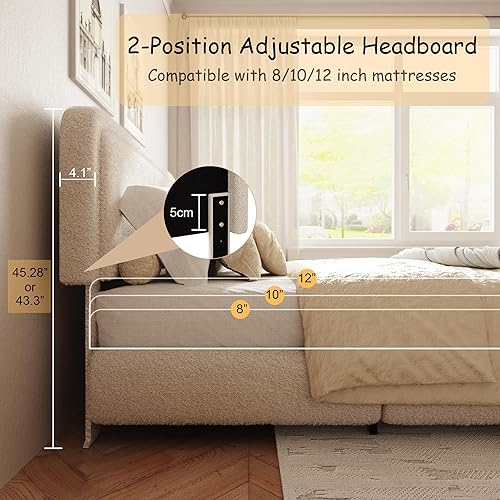 Miniatura 6 de Base de cama Boucle de tamaño Queen, plataforma tapizada con cabecera ajustable en altura y esquinas redondeadas suaves, sin ruido, fácil montaje,